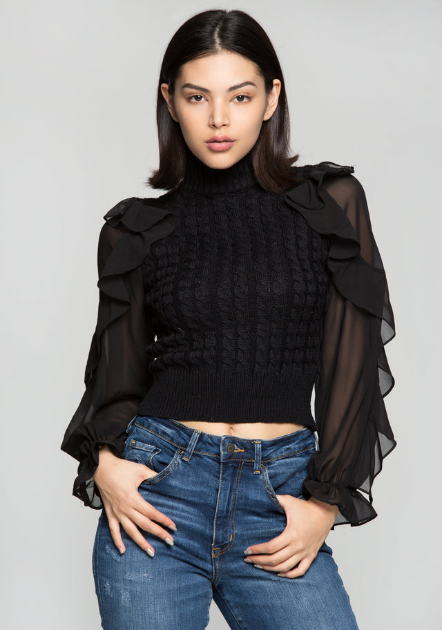 Black Turtle neck Sheer Sleeves Woollen Top - ownthelooks-Development