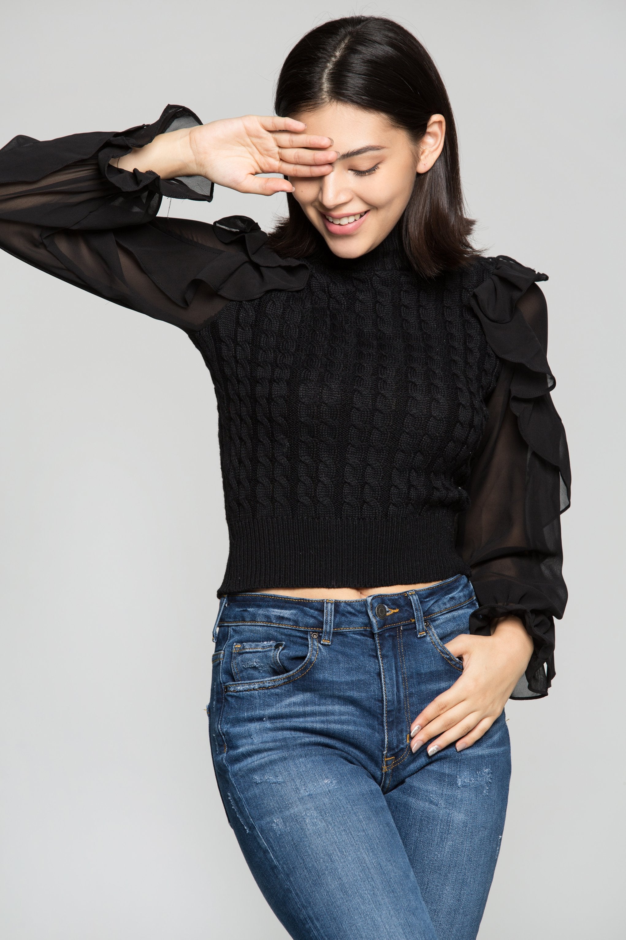 Black Turtle neck Sheer Sleeves Woollen Top - ownthelooks-Development