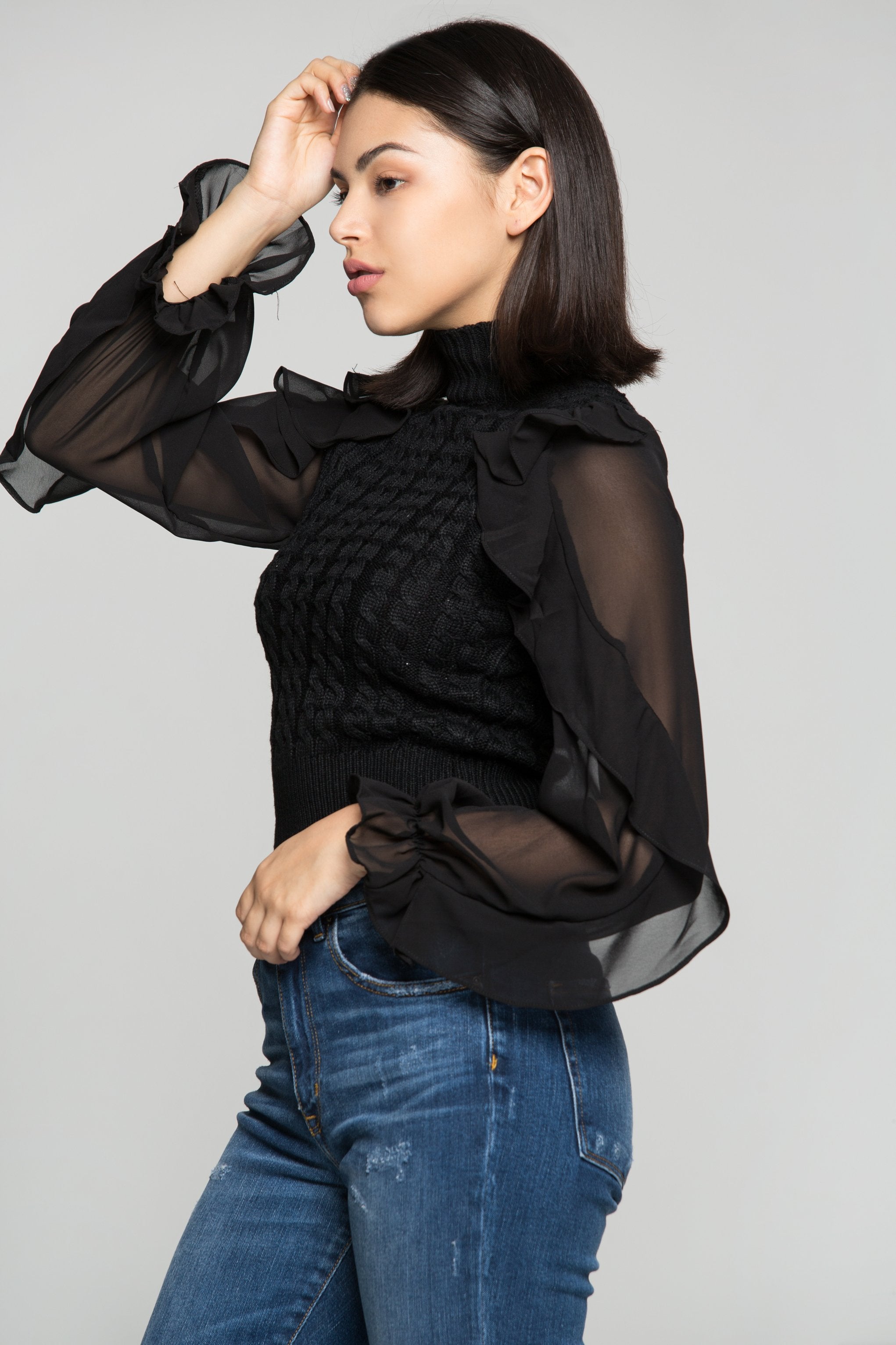 Black Turtle neck Sheer Sleeves Woollen Top - ownthelooks-Development