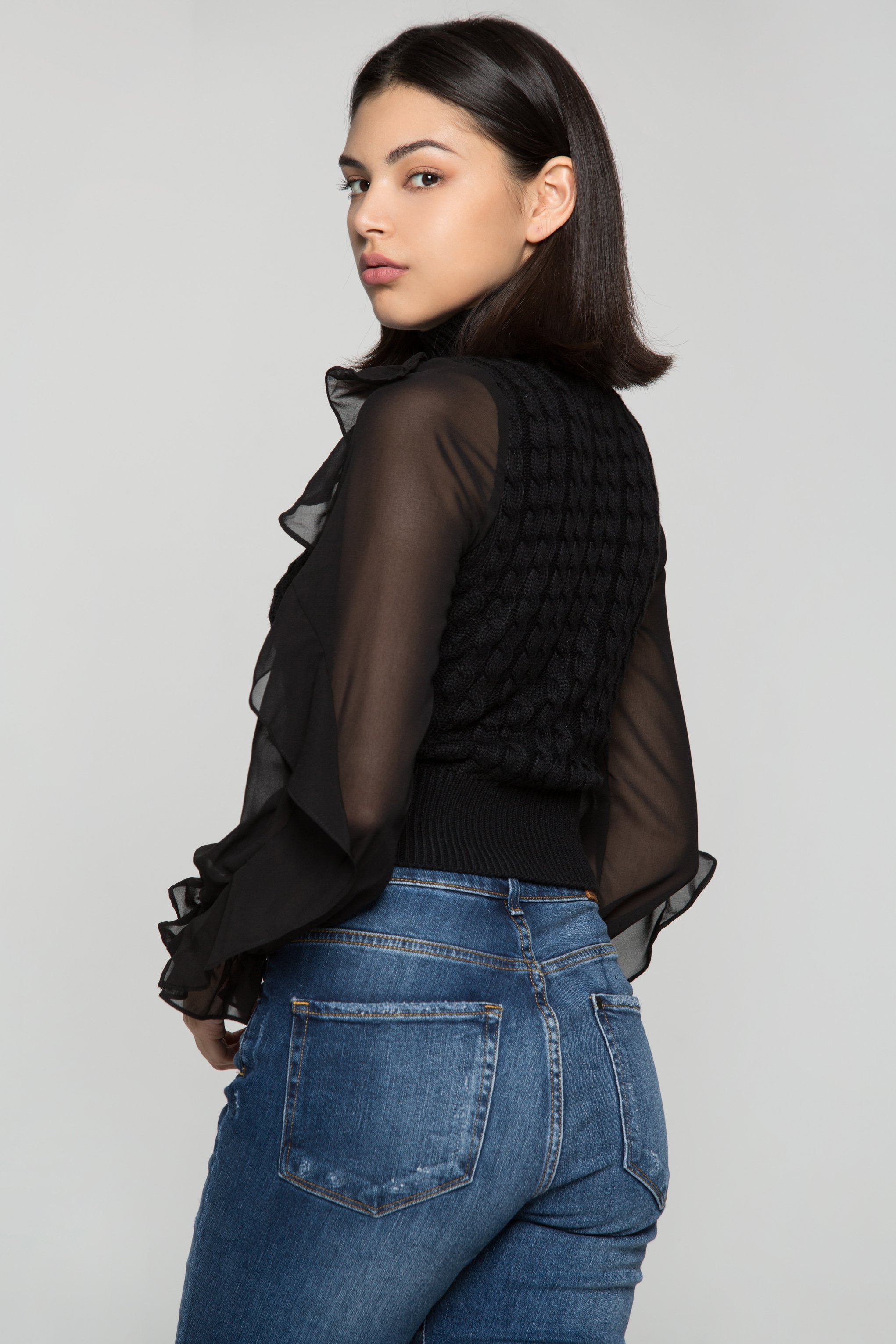 Black Turtle neck Sheer Sleeves Woollen Top - ownthelooks-Development