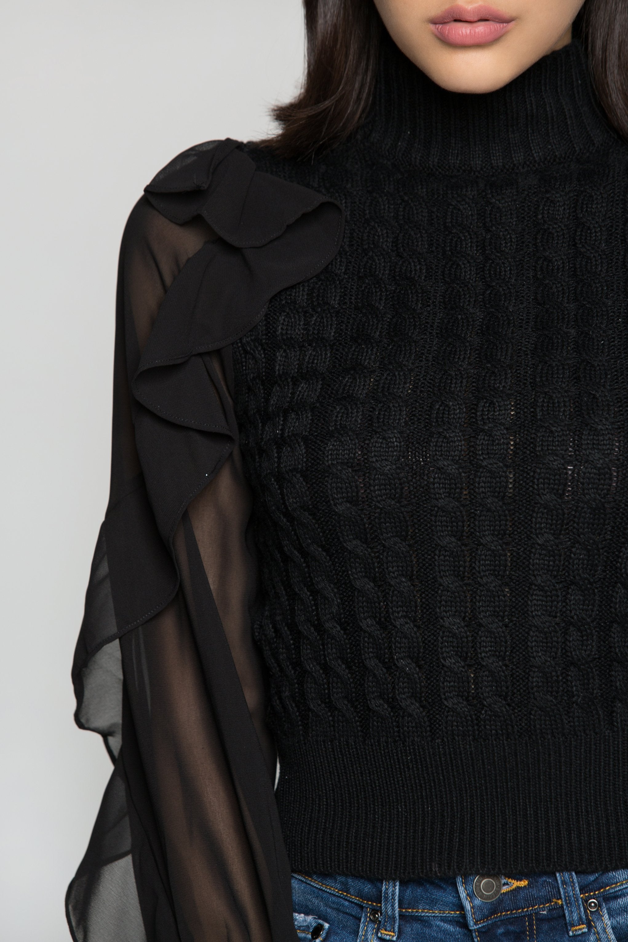 Black Turtle neck Sheer Sleeves Woollen Top - ownthelooks-Development