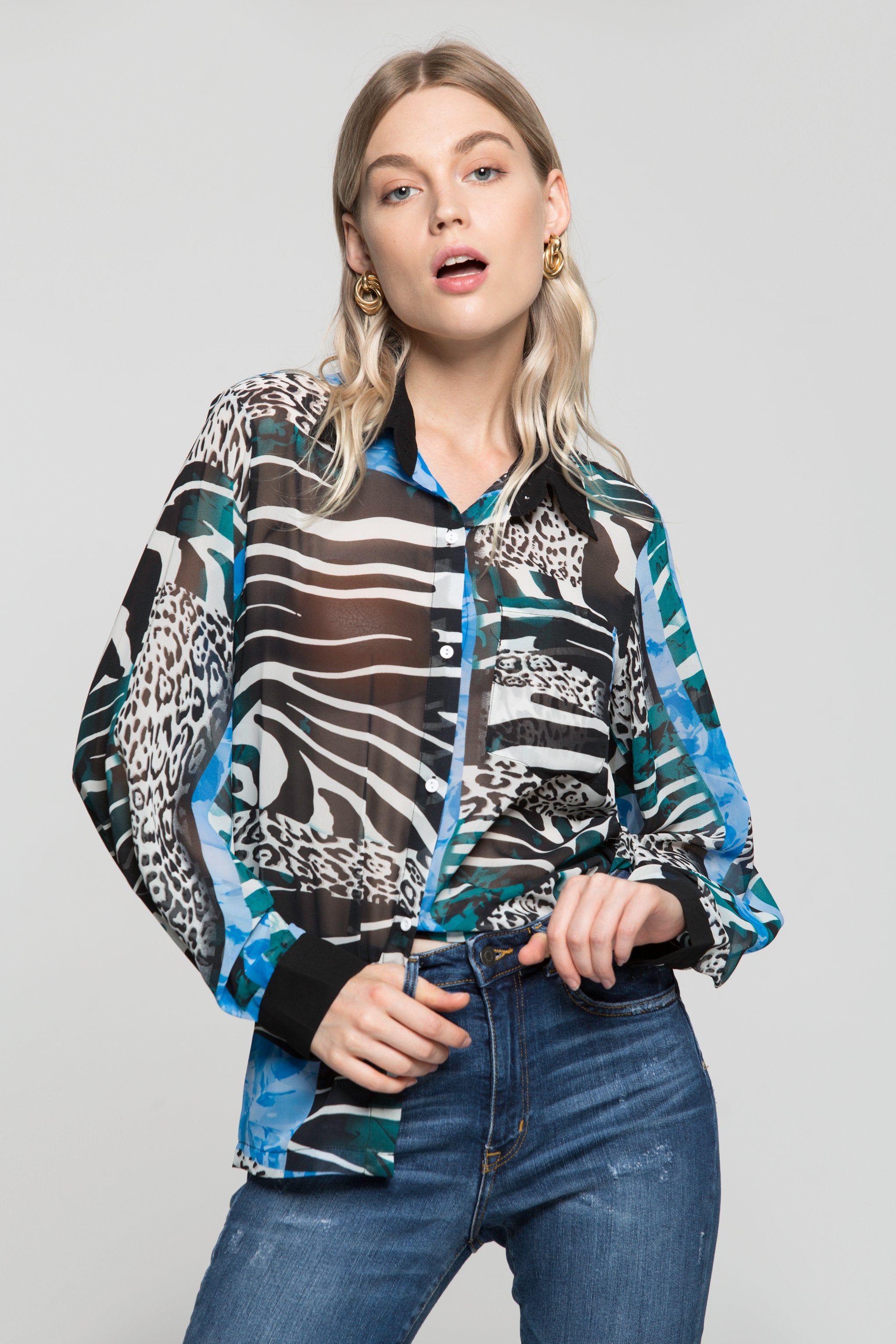 Black White and Blue Mixed Animal Prints Shirt - ownthelooks-Development