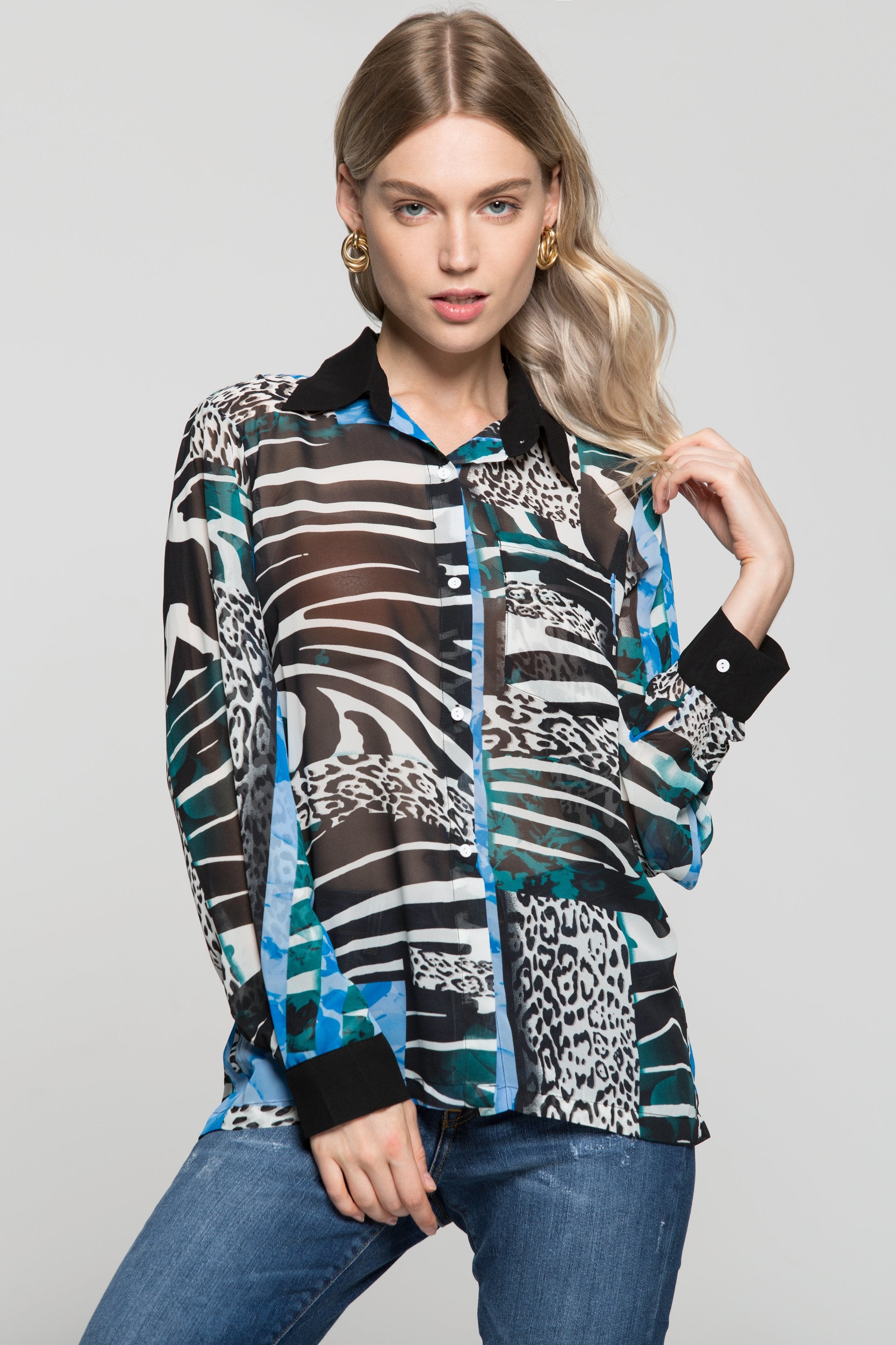 Black White and Blue Mixed Animal Prints Shirt - ownthelooks-Development