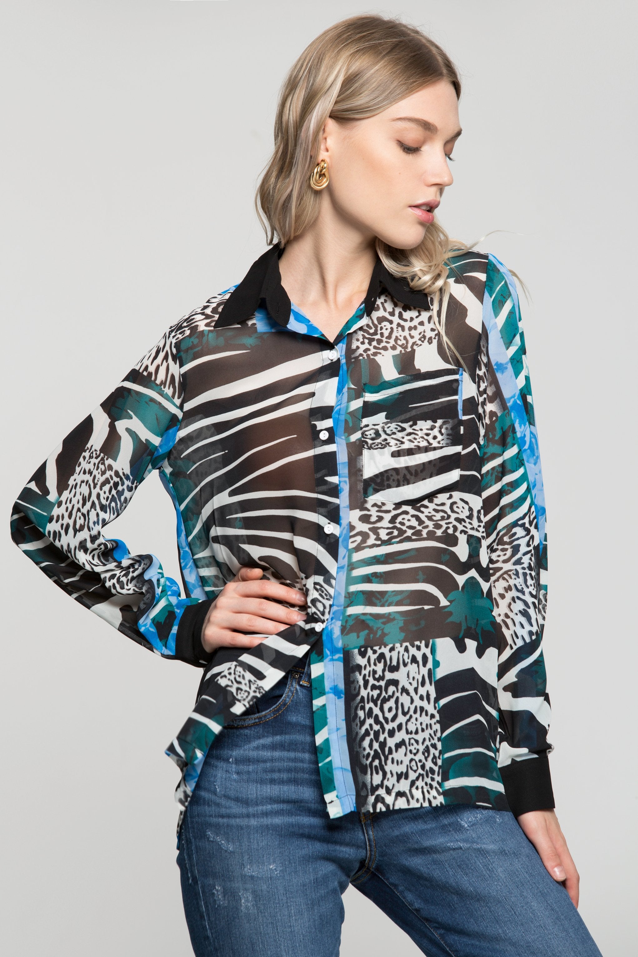 Black White and Blue Mixed Animal Prints Shirt - ownthelooks-Development