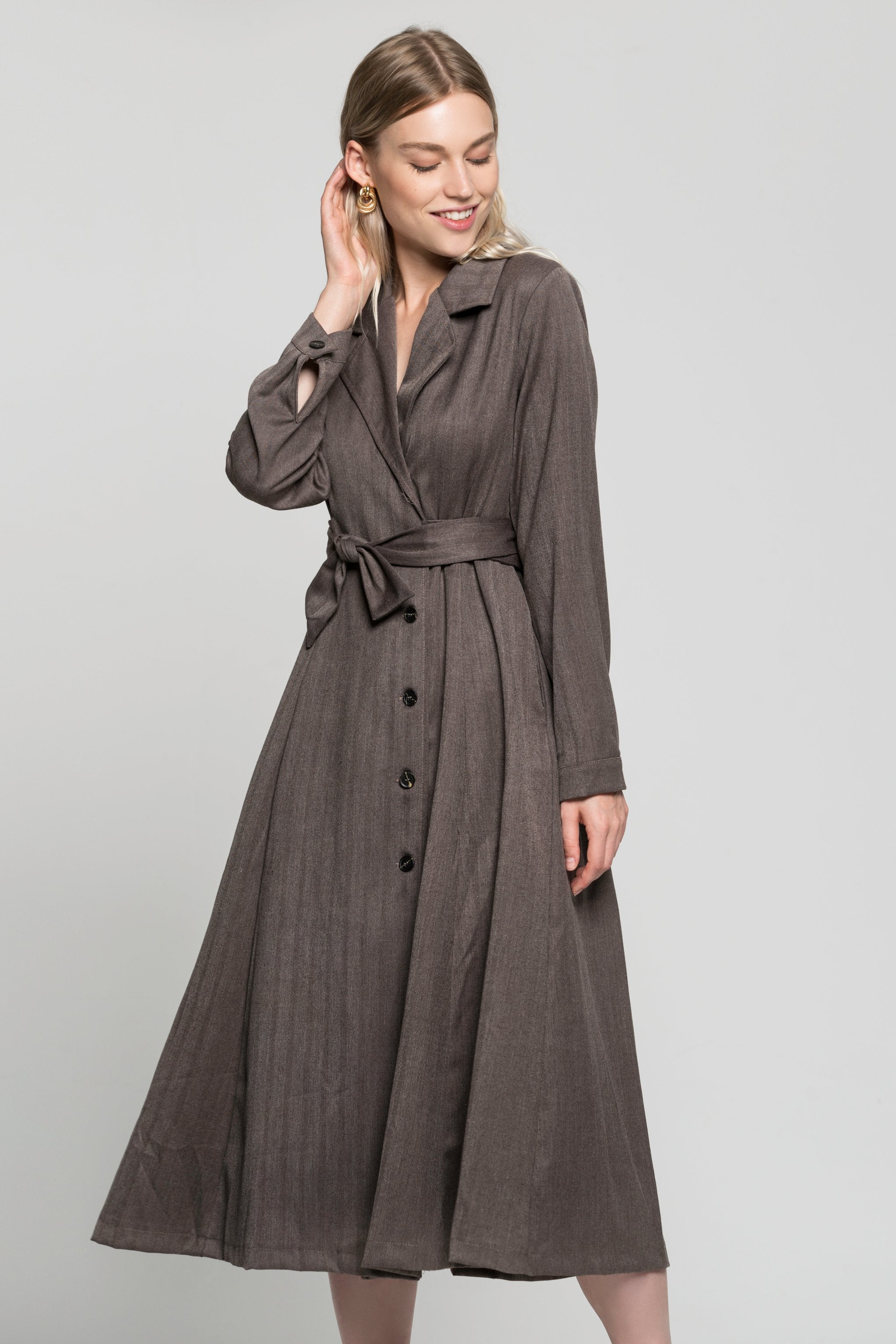 Buff Grey Double Breasted Long Coat Dress - ownthelooks-Development