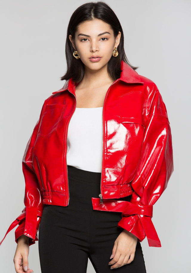 Candy Red Zip Up Faux Leather Jacket - ownthelooks-Development