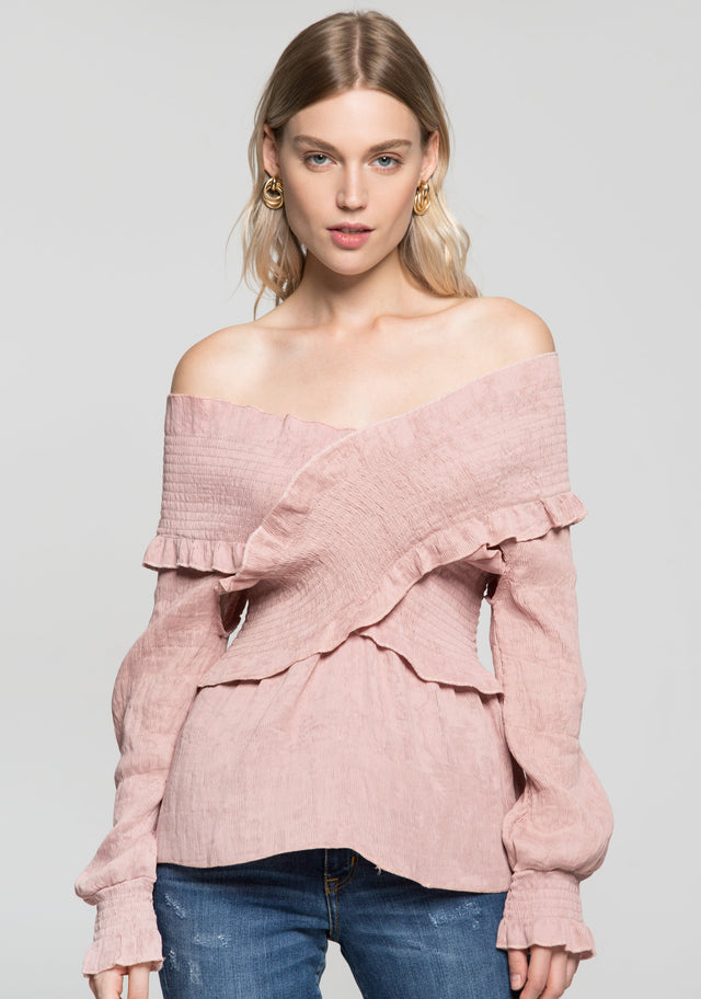 Carnation Pink Criss Cross Gathers V-Neck Top - ownthelooks-Development
