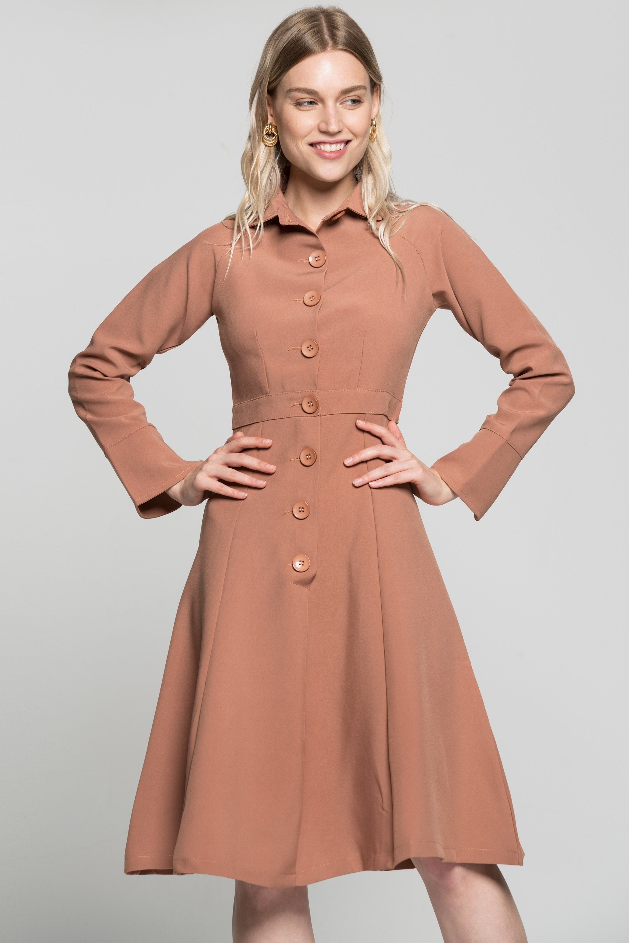 Coral Peach Pleated Midi Dress - ownthelooks-Development