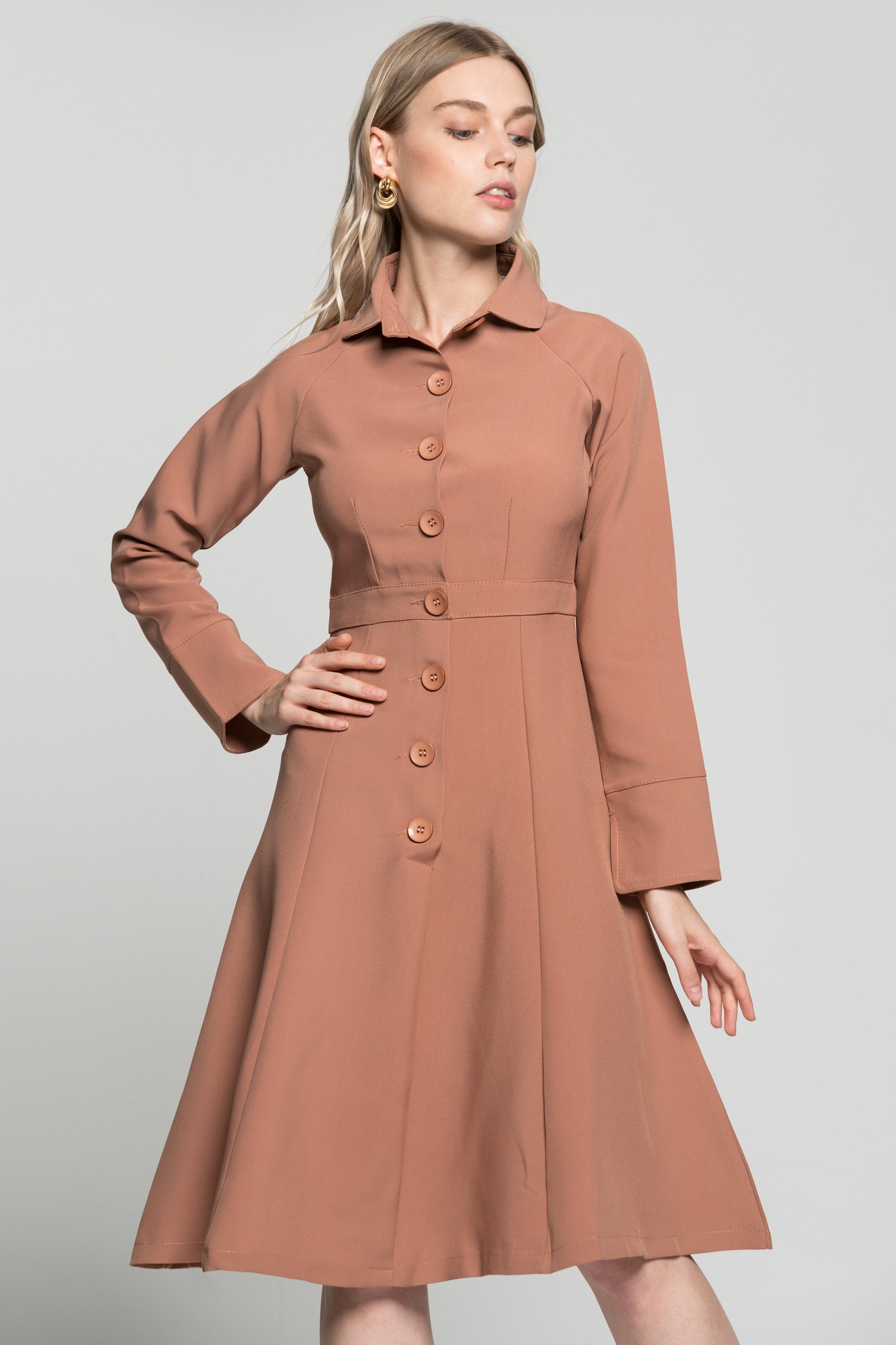 Coral Peach Pleated Midi Dress - ownthelooks-Development