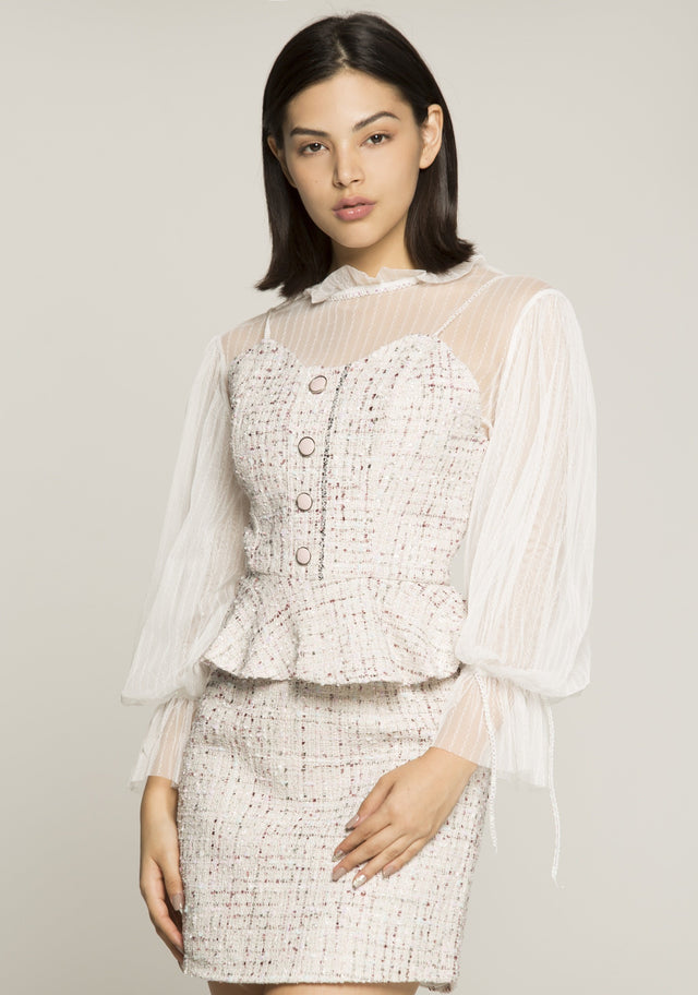 Cream Bell Sleeves Tie Up Collar Tweed Top and Bottom - ownthelooks-Development