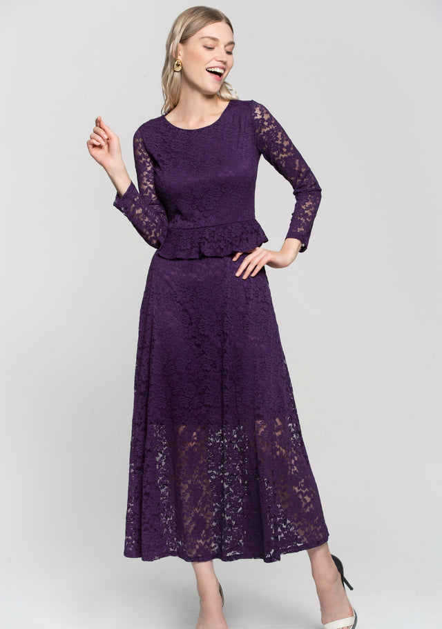 Purple Floral Lace Peplum Maxi Dress - ownthelooks-Development