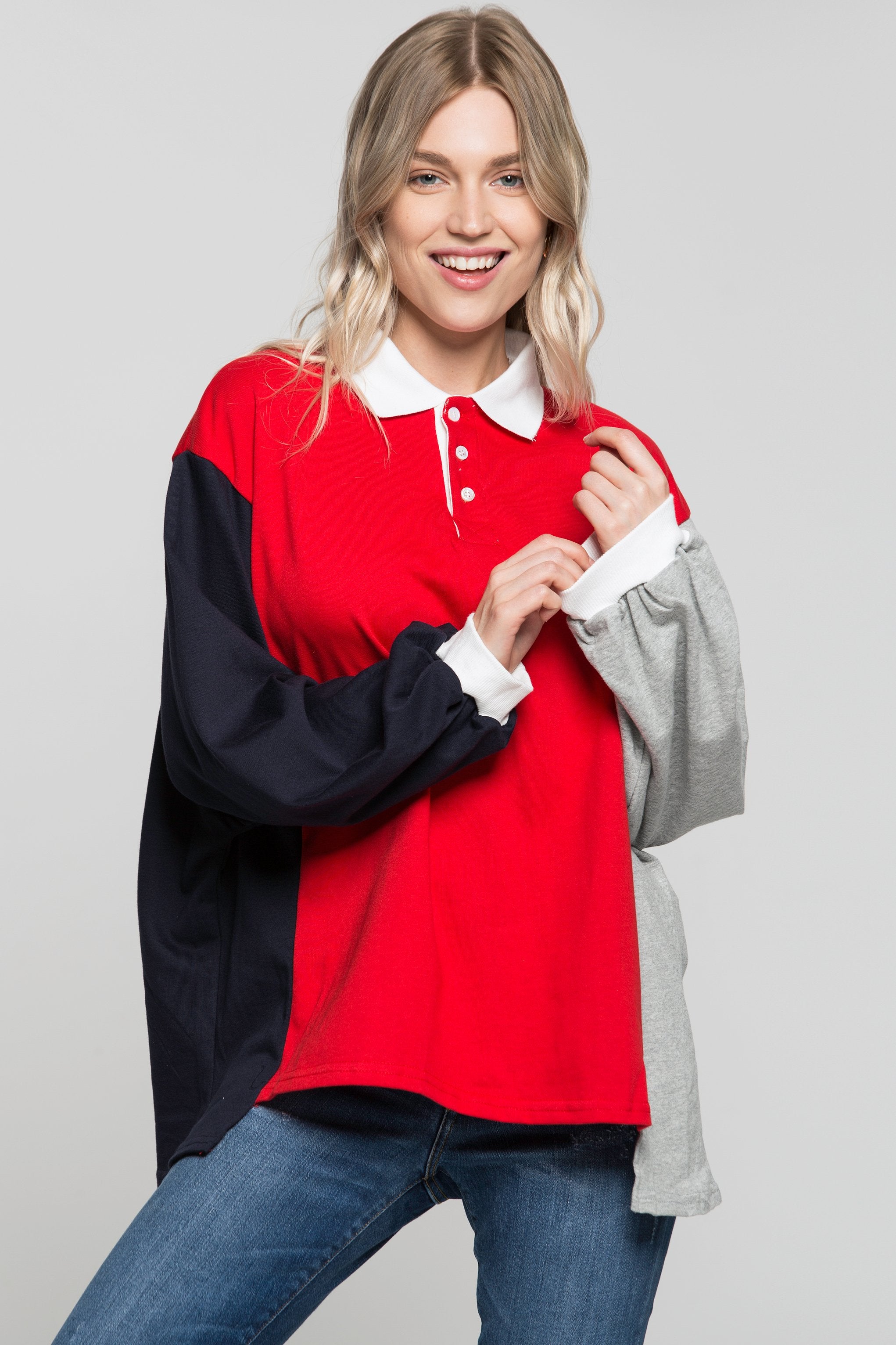 Red And Blue Oversized Sweater Top - ownthelooks-Development