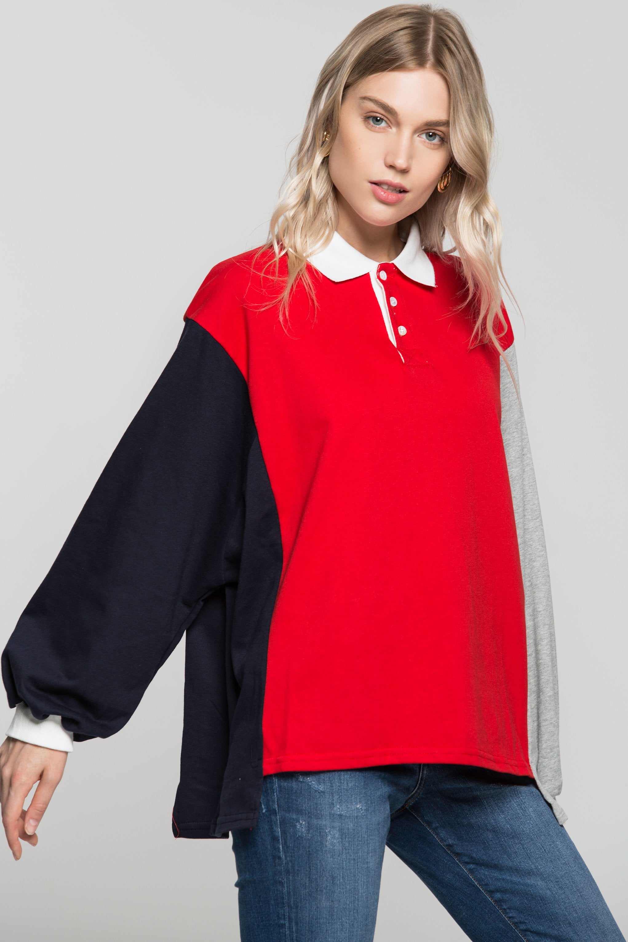 Red And Blue Oversized Sweater Top - ownthelooks-Development