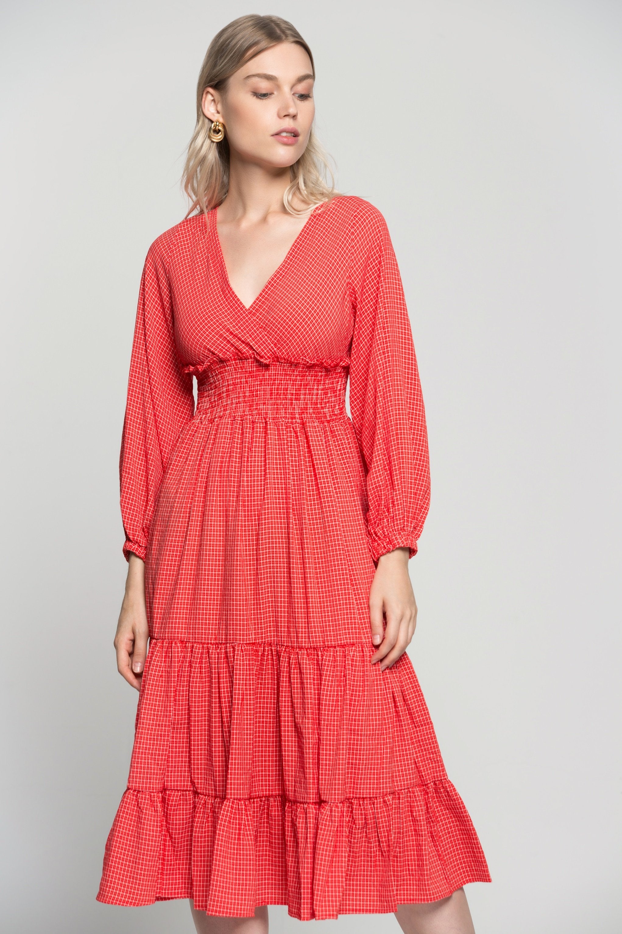 Red Checkered V-neck Smocked Waist Midi Dress - ownthelooks-Development