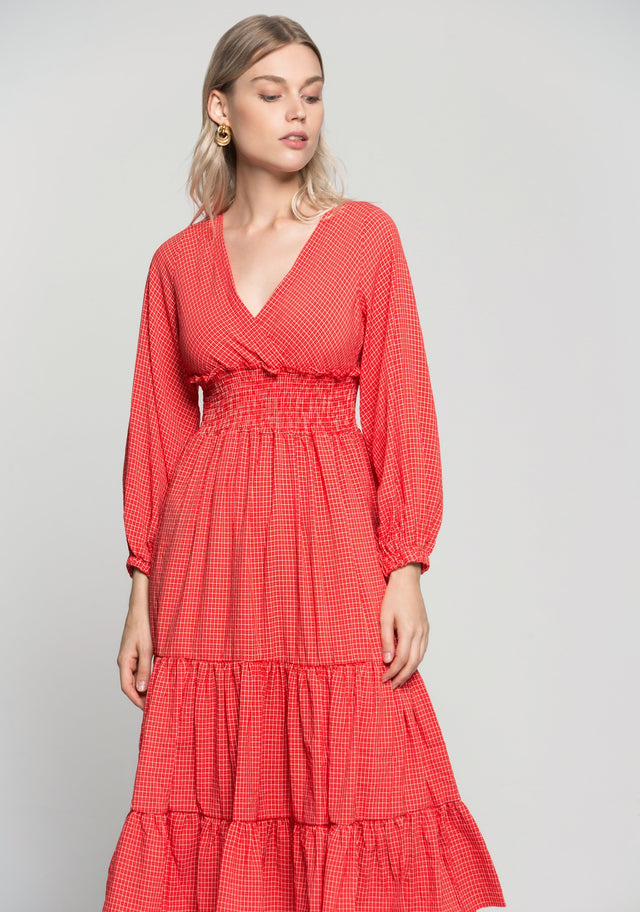 Red Checkered V-neck Smocked Waist Midi Dress - ownthelooks-Development