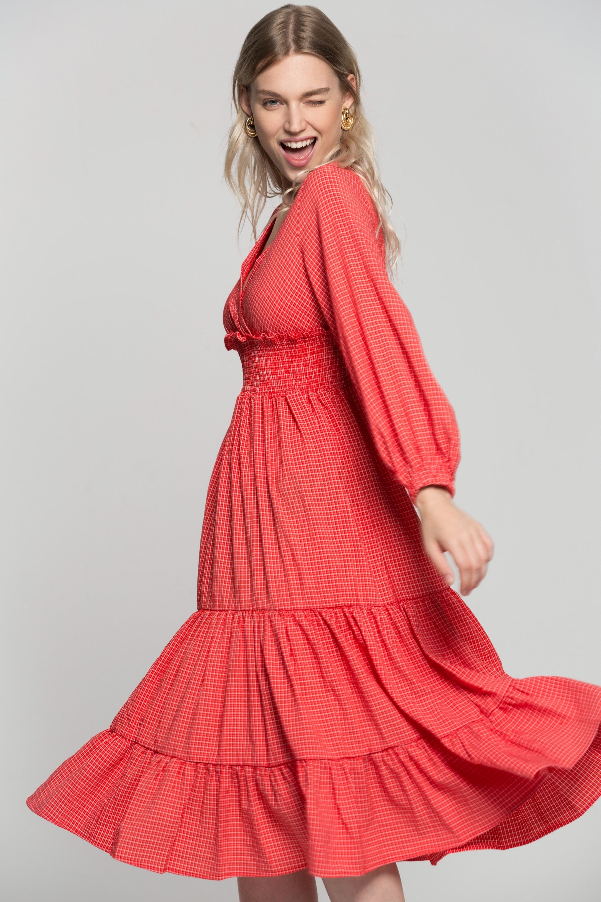 Red Checkered V-neck Smocked Waist Midi Dress - ownthelooks-Development