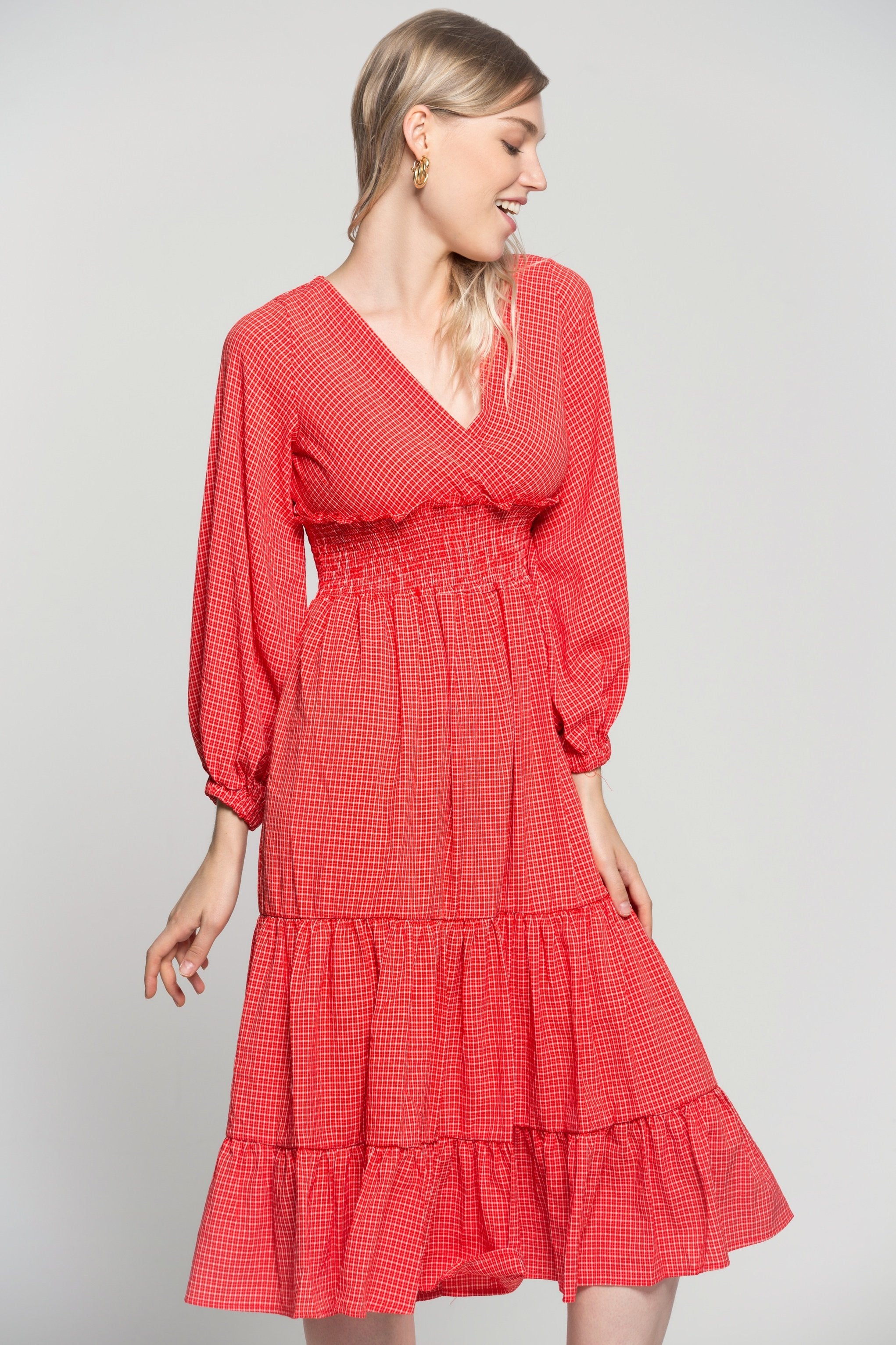 Red Checkered V-neck Smocked Waist Midi Dress - ownthelooks-Development
