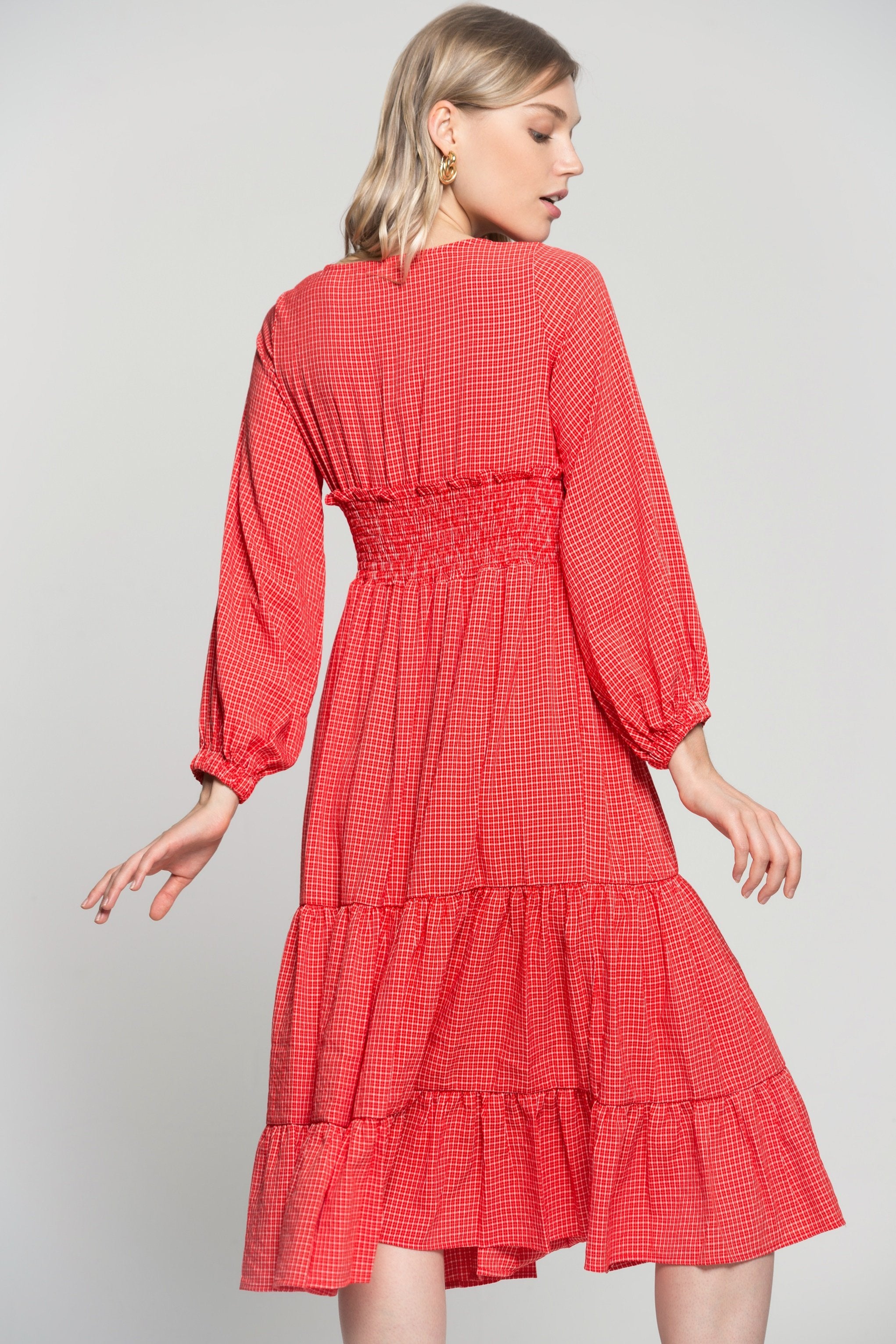 Red Checkered V-neck Smocked Waist Midi Dress - ownthelooks-Development