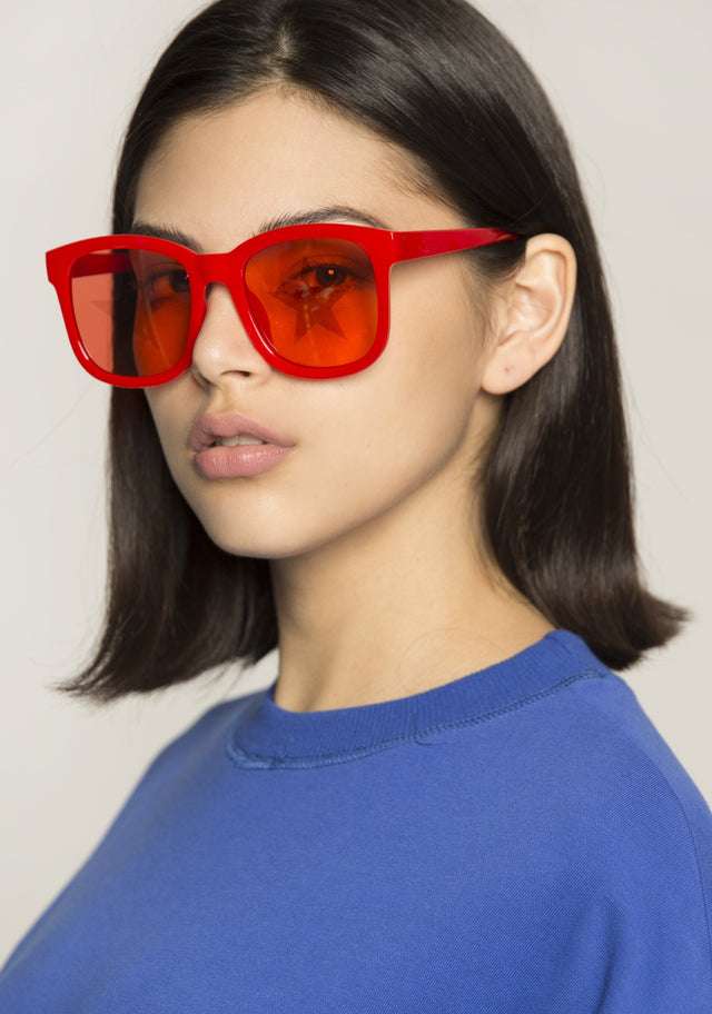 Red Transparent Star Embossed Rectangular Sunglasses - ownthelooks-Development