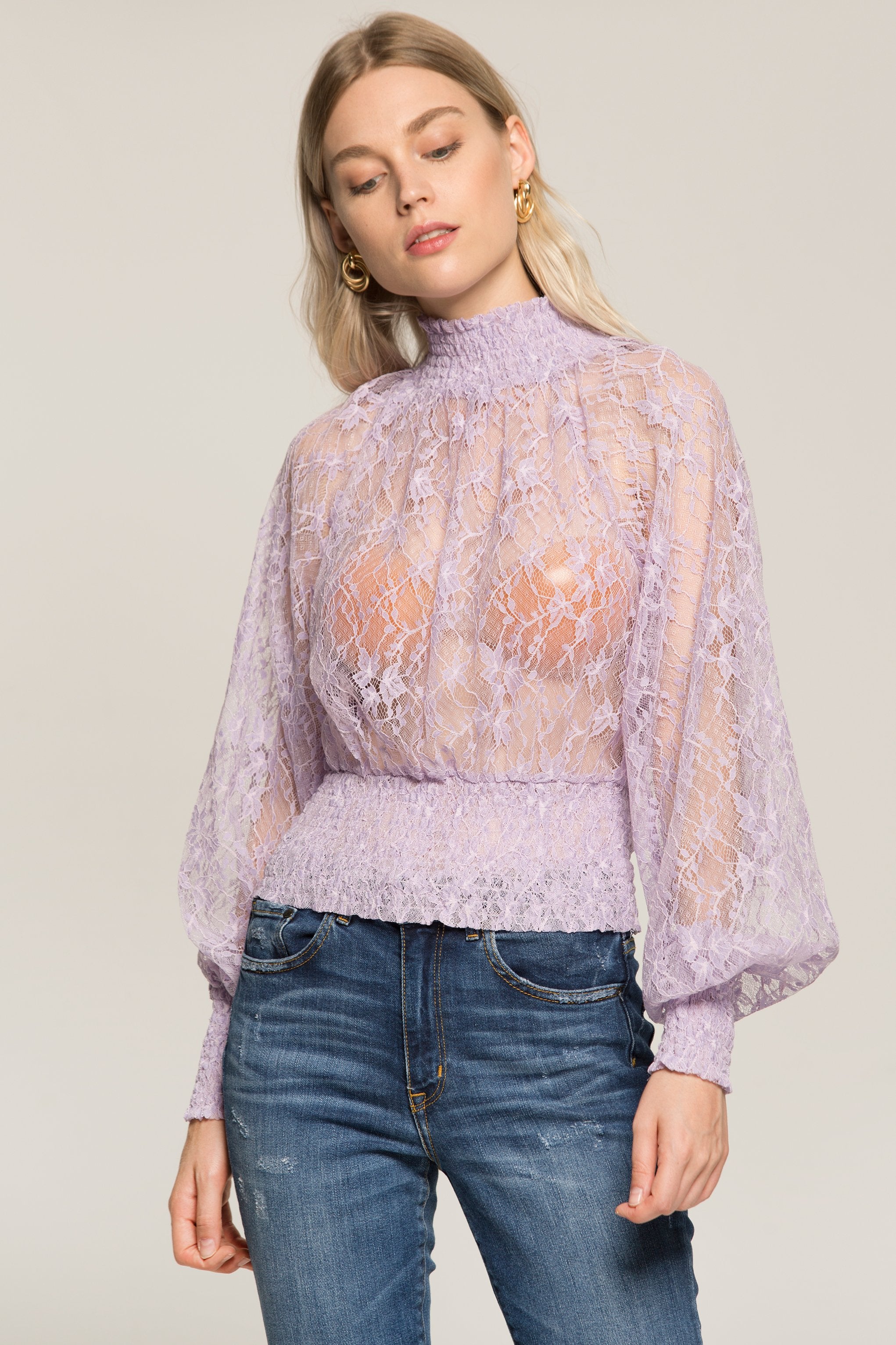 Lilac Sheer Smocked Neck and Waist Top - ownthelooks-Development
