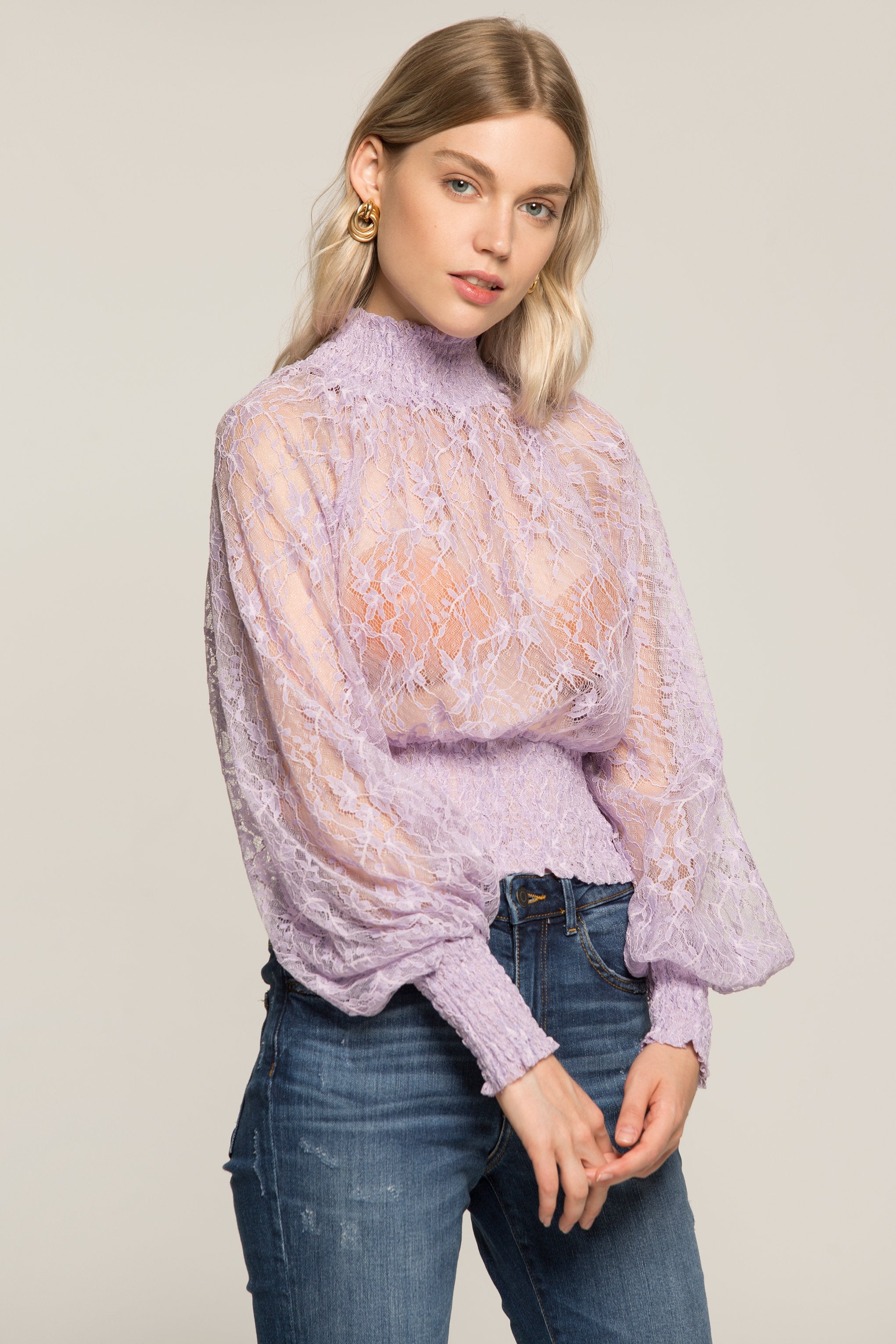 Lilac Sheer Smocked Neck and Waist Top - ownthelooks-Development