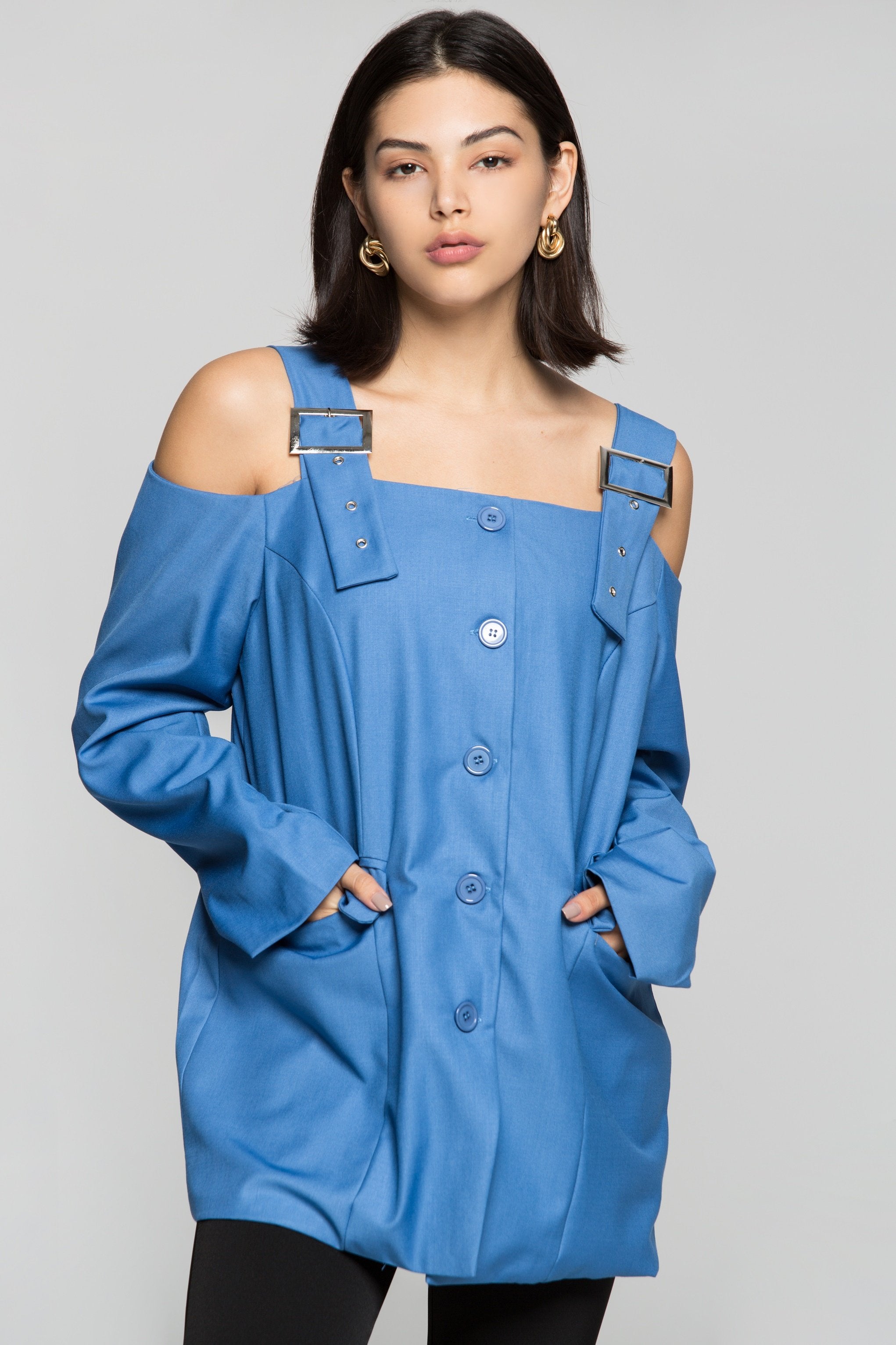Azure Blue Cold Shoulder Blazer Dress - ownthelooks-Development