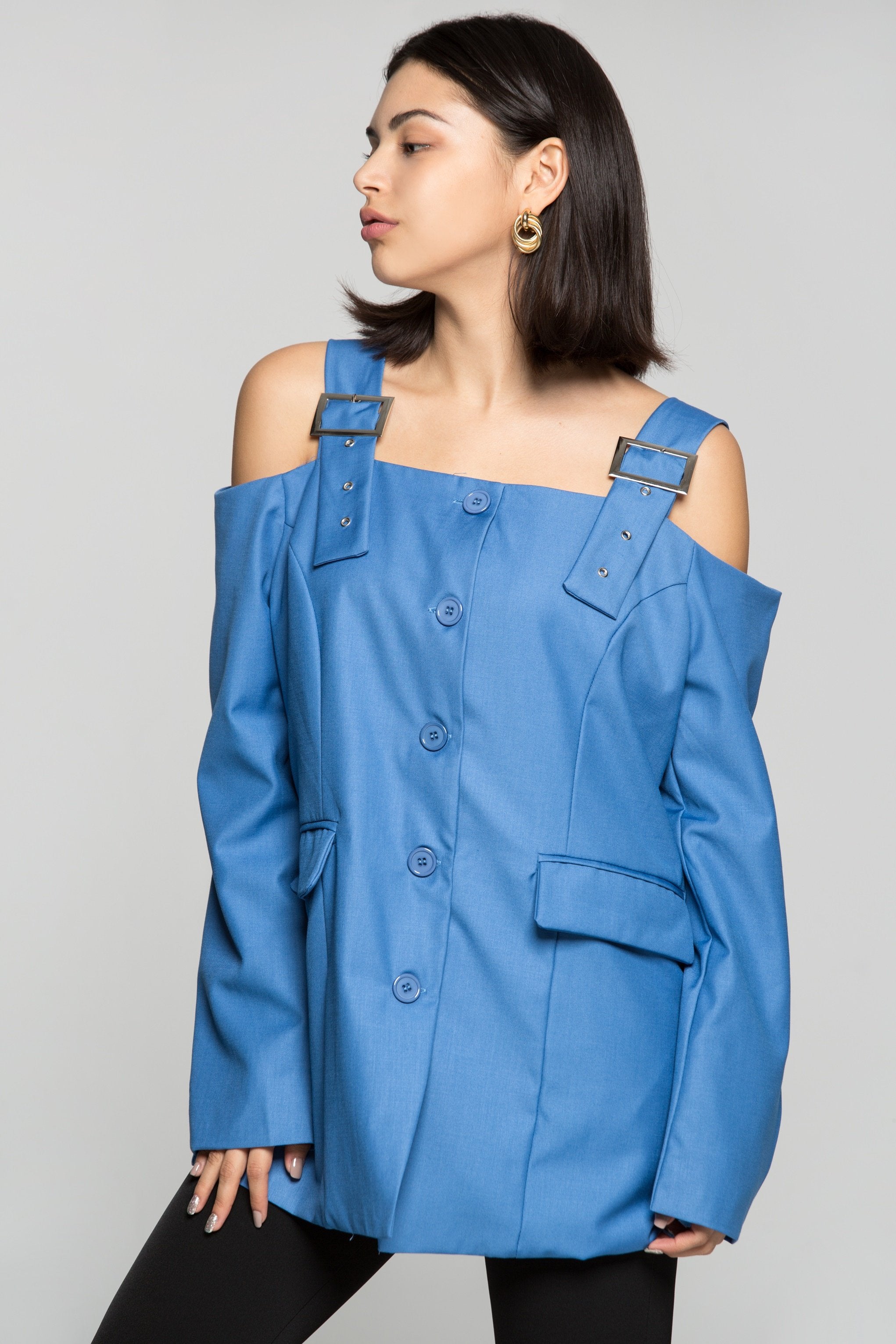 Azure Blue Cold Shoulder Blazer Dress - ownthelooks-Development