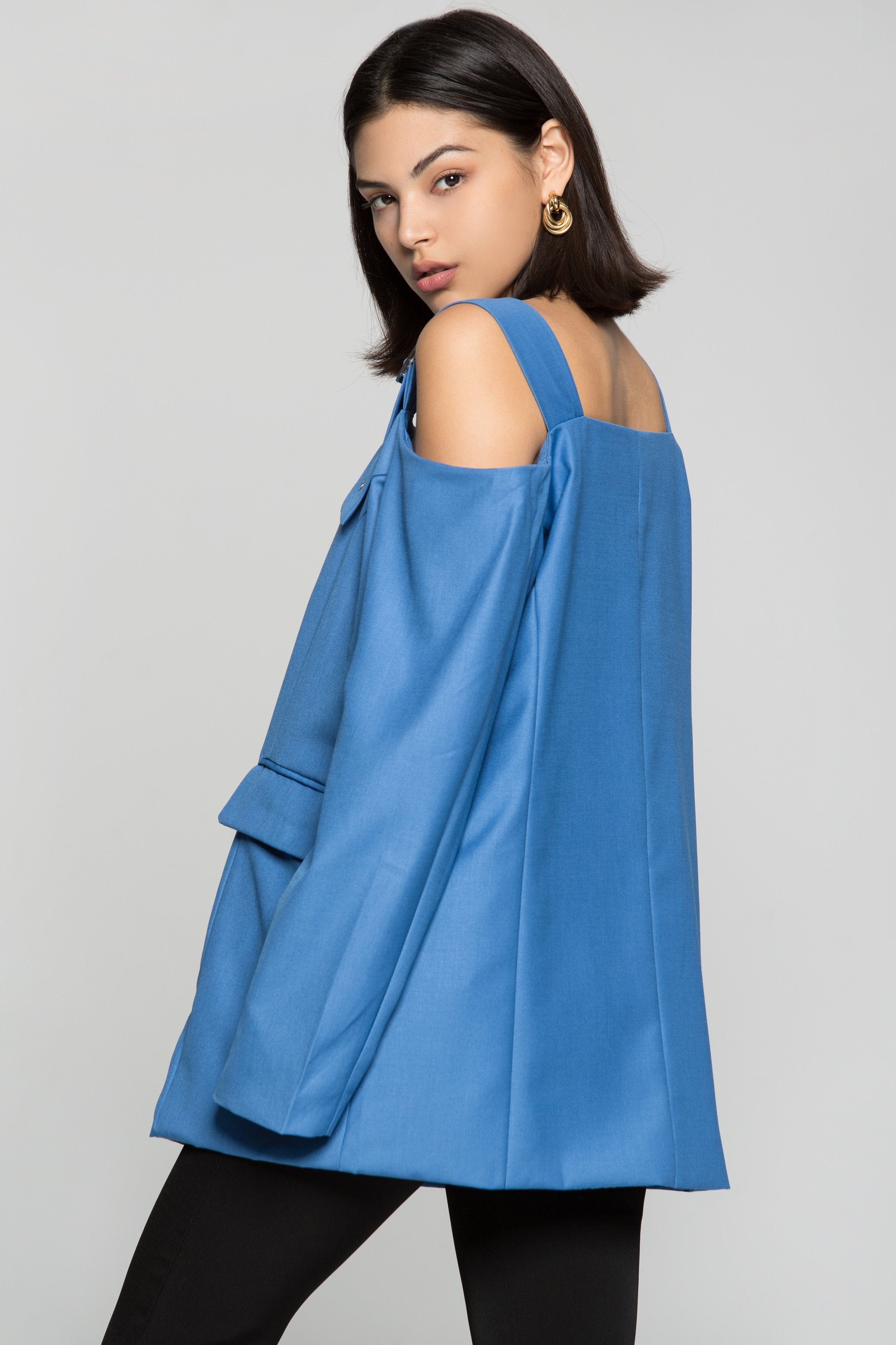 Azure Blue Cold Shoulder Blazer Dress - ownthelooks-Development