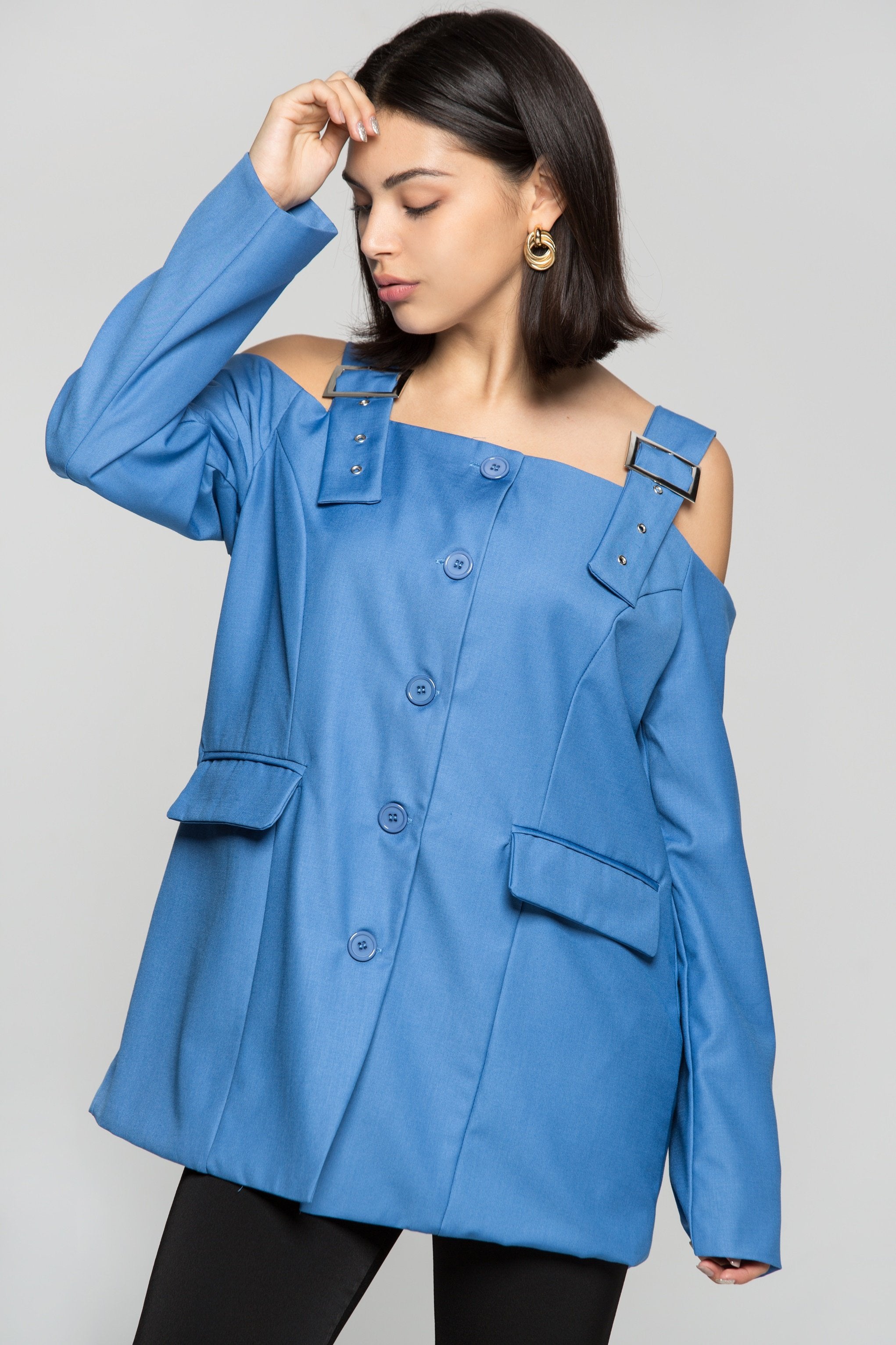 Azure Blue Cold Shoulder Blazer Dress - ownthelooks-Development