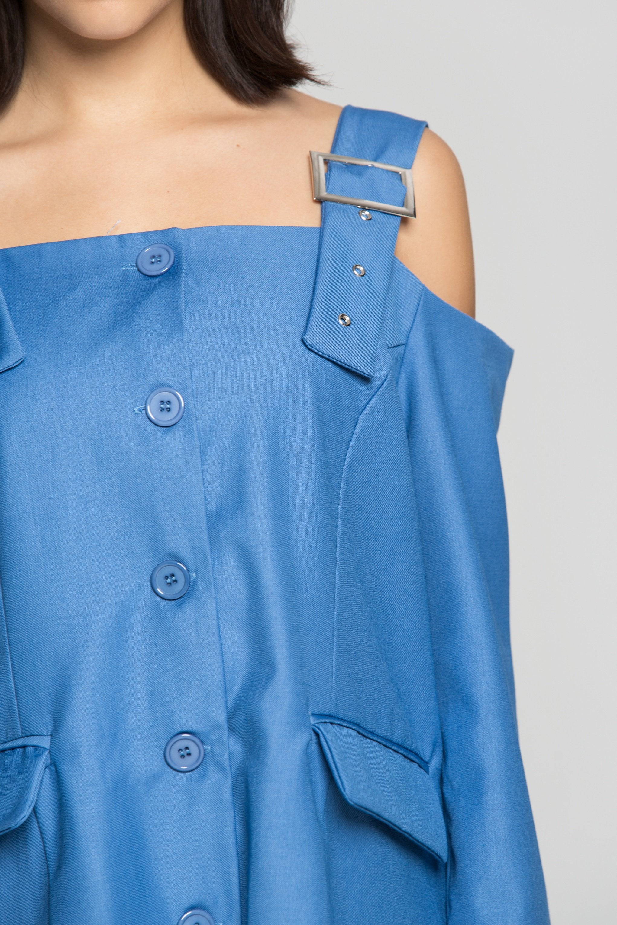 Azure Blue Cold Shoulder Blazer Dress - ownthelooks-Development