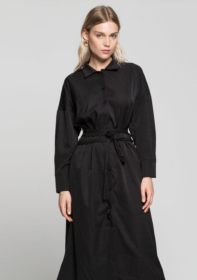 Black Button Up Jacket Dress with Criss Cross Strap Belt - ownthelooks-Development