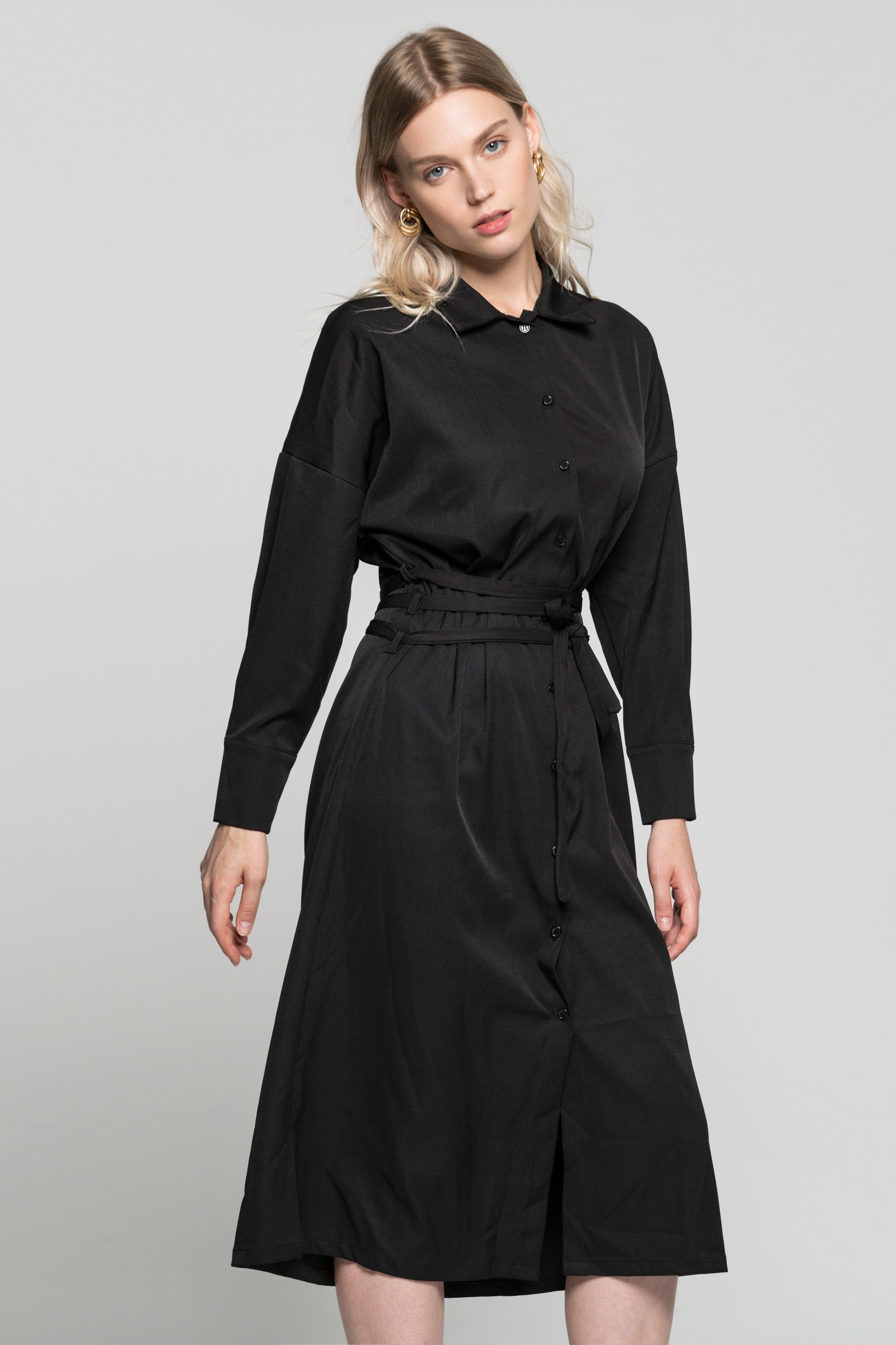 Black Button Up Jacket Dress with Criss Cross Strap Belt - ownthelooks-Development