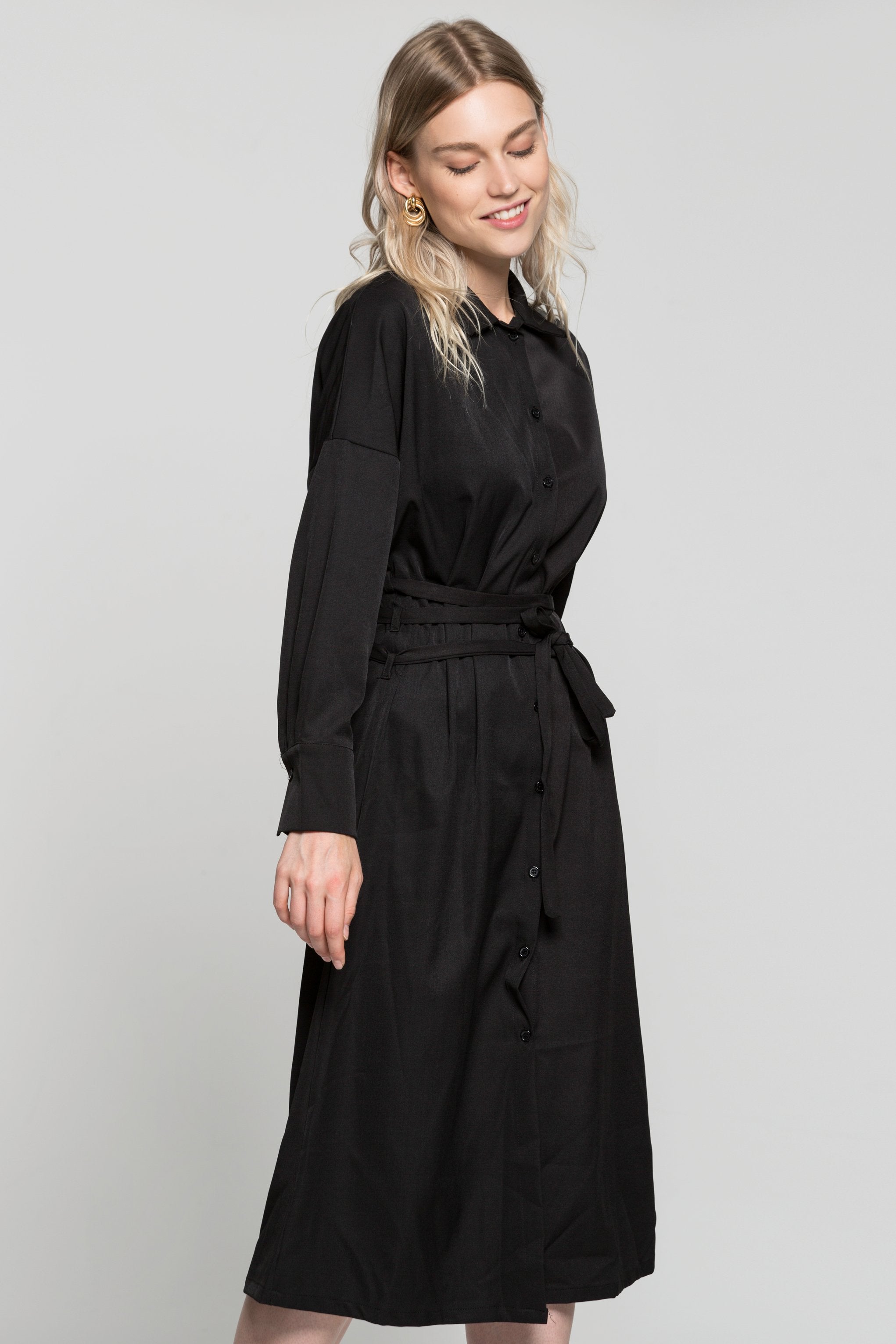 Black Button Up Jacket Dress with Criss Cross Strap Belt - ownthelooks-Development