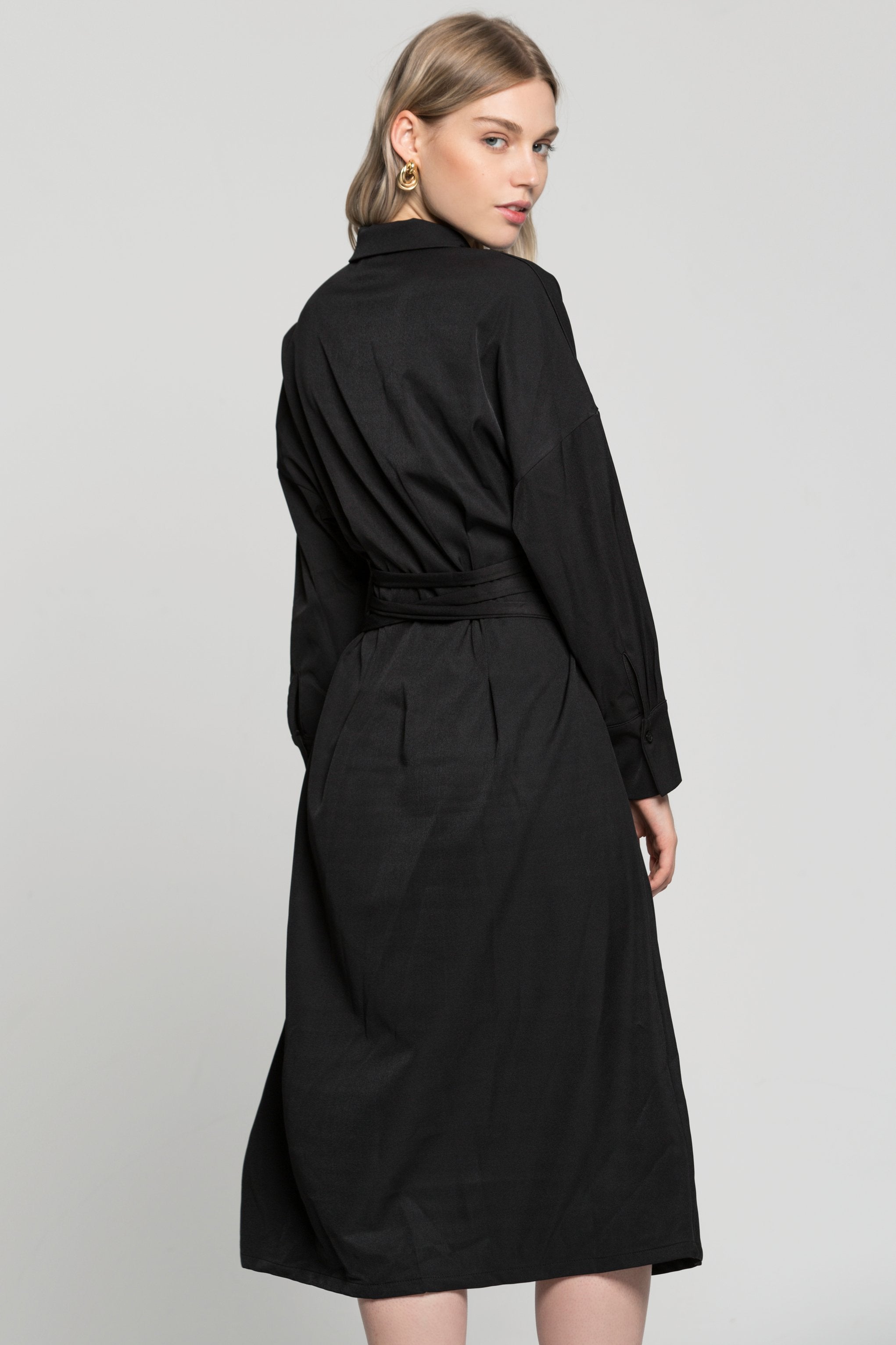 Black Button Up Jacket Dress with Criss Cross Strap Belt - ownthelooks-Development