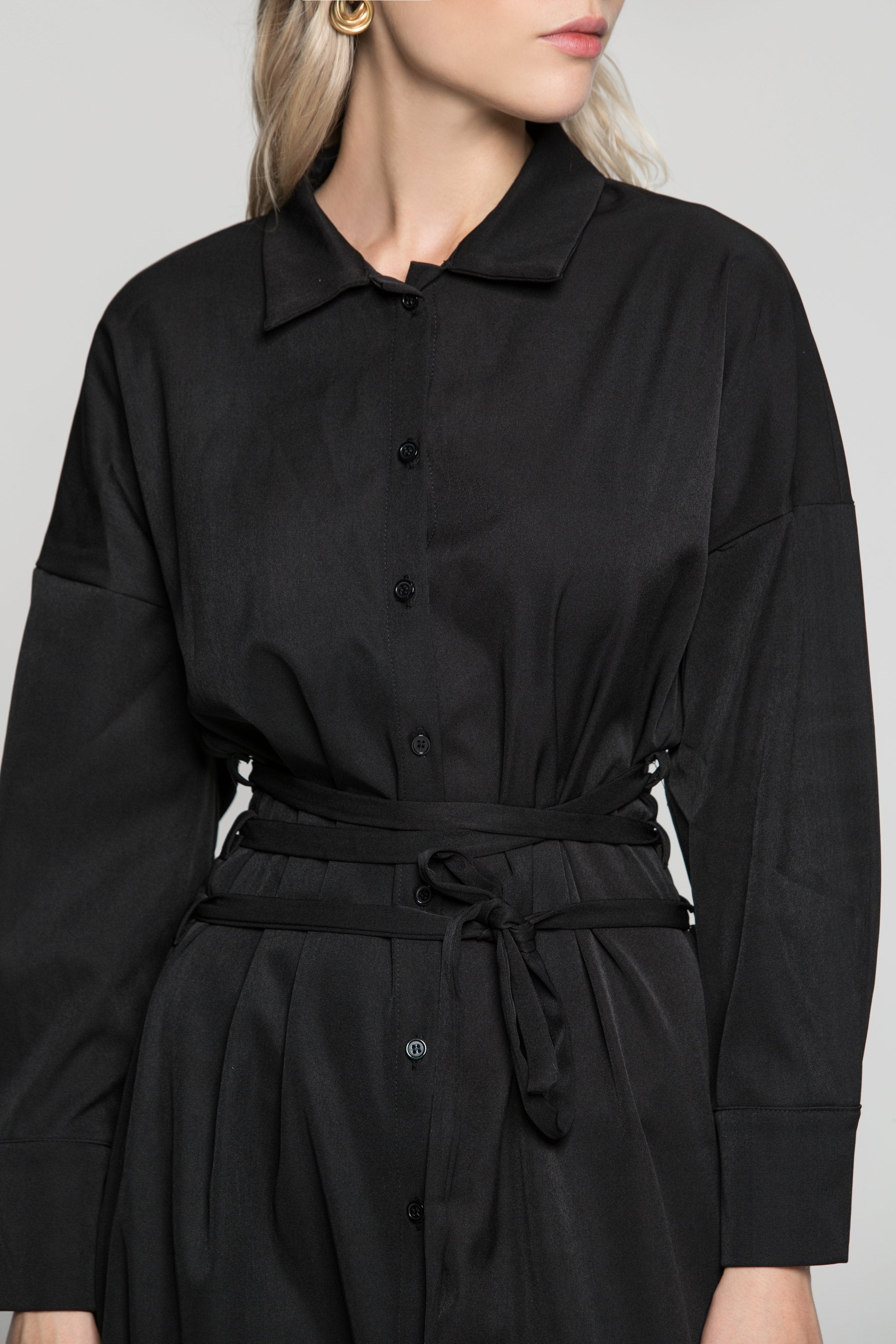 Black Button Up Jacket Dress with Criss Cross Strap Belt - ownthelooks-Development