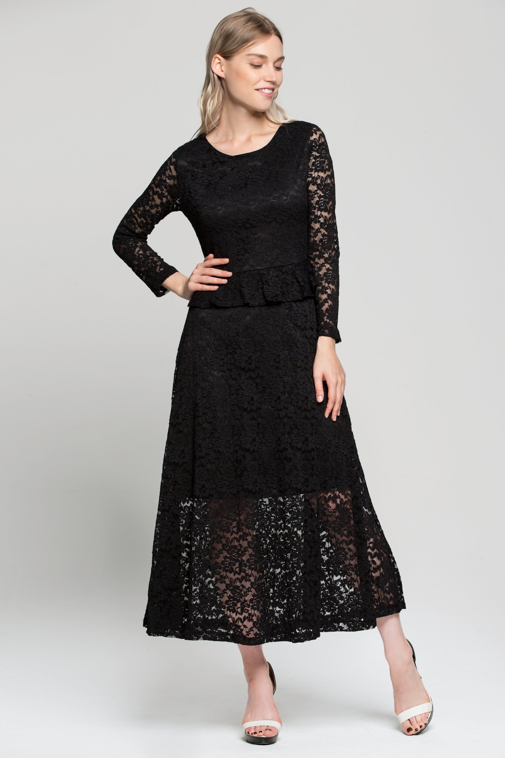 Black Floral Lace Peplum Maxi Dress - ownthelooks-Development