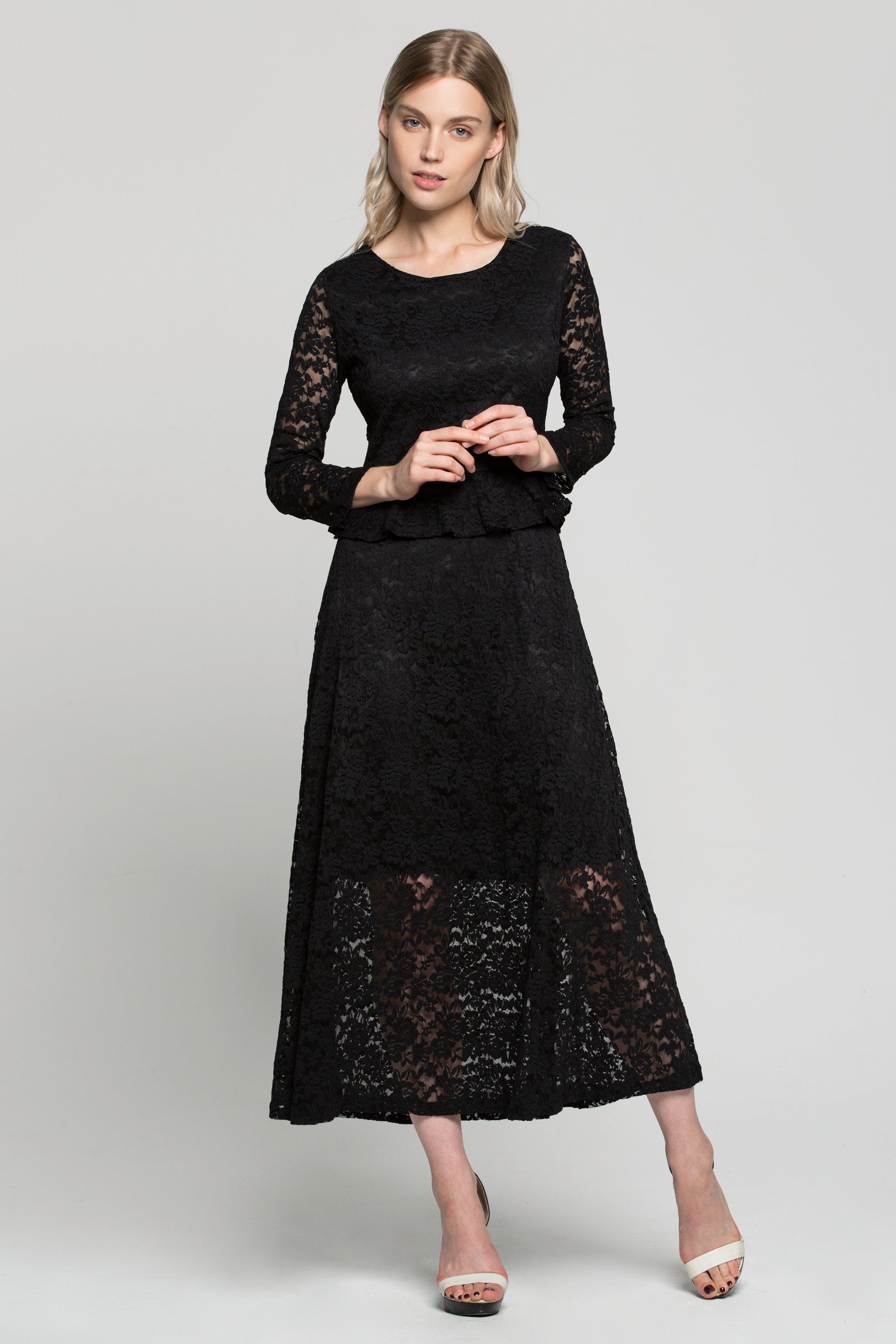 Black Floral Lace Peplum Maxi Dress - ownthelooks-Development