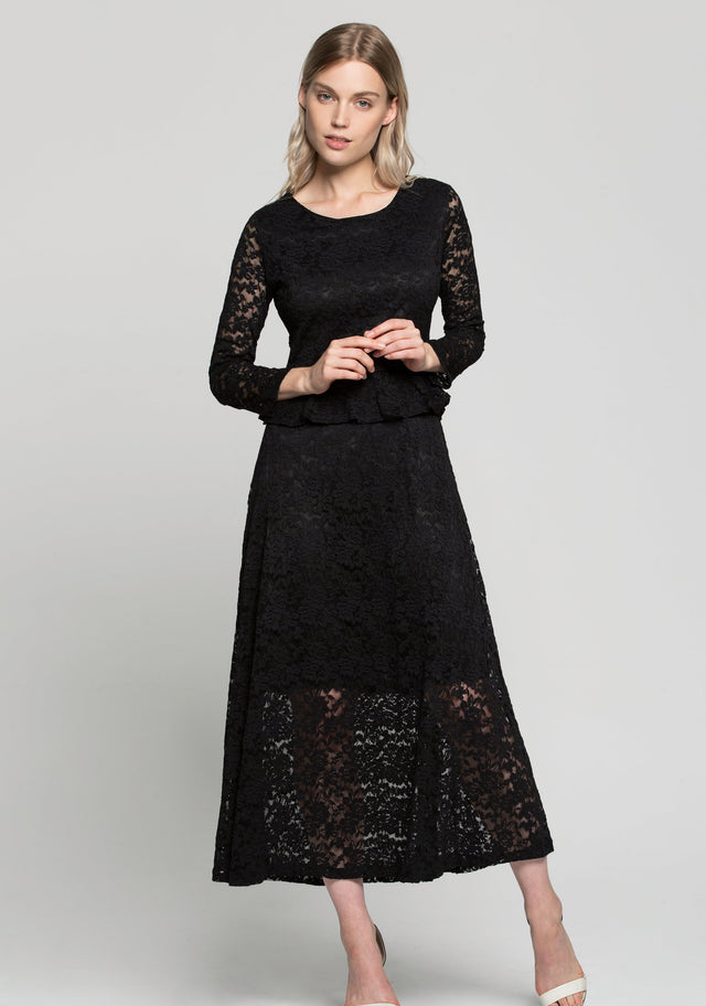 Black Floral Lace Peplum Maxi Dress - ownthelooks-Development