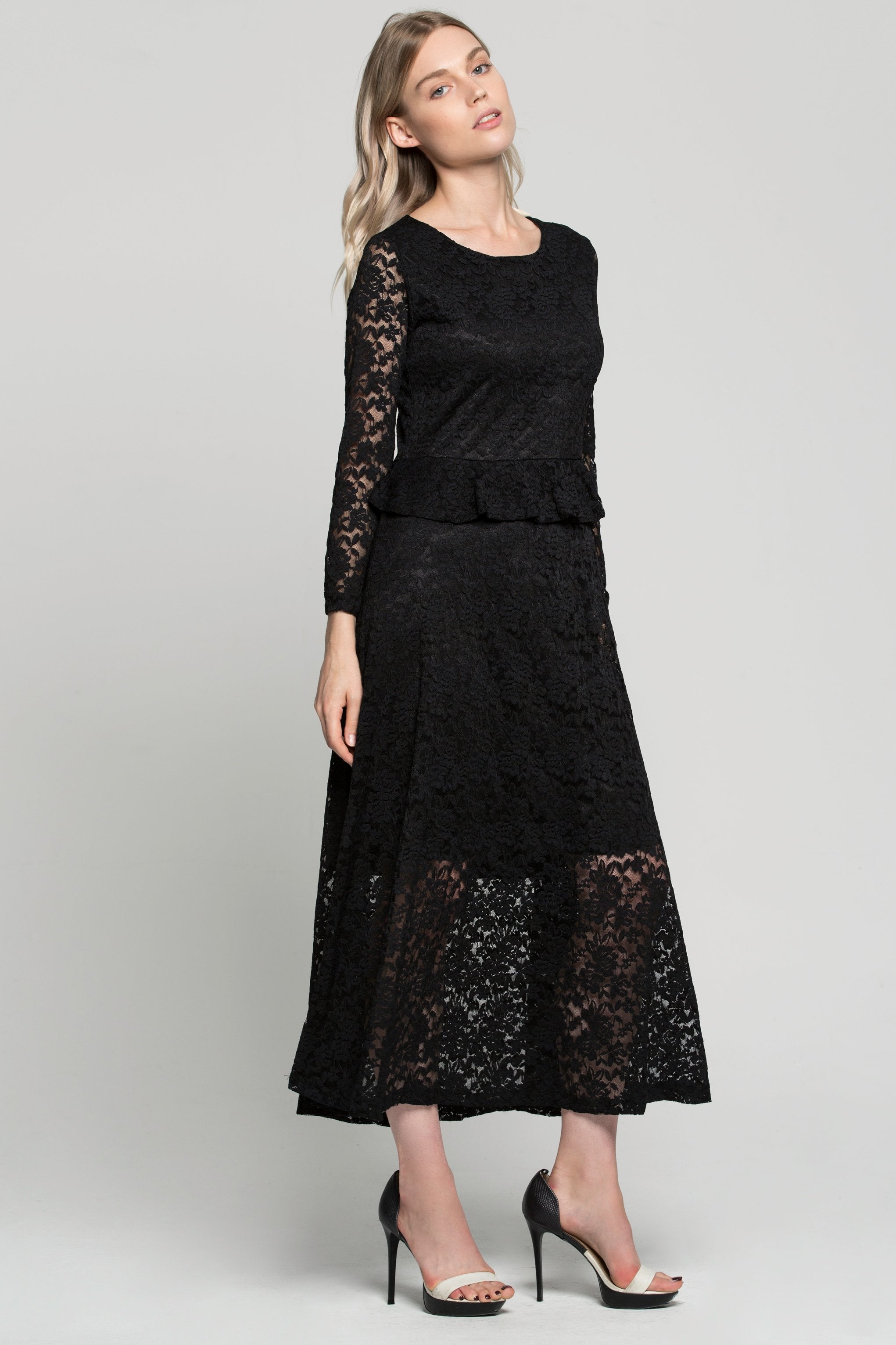 Black Floral Lace Peplum Maxi Dress - ownthelooks-Development