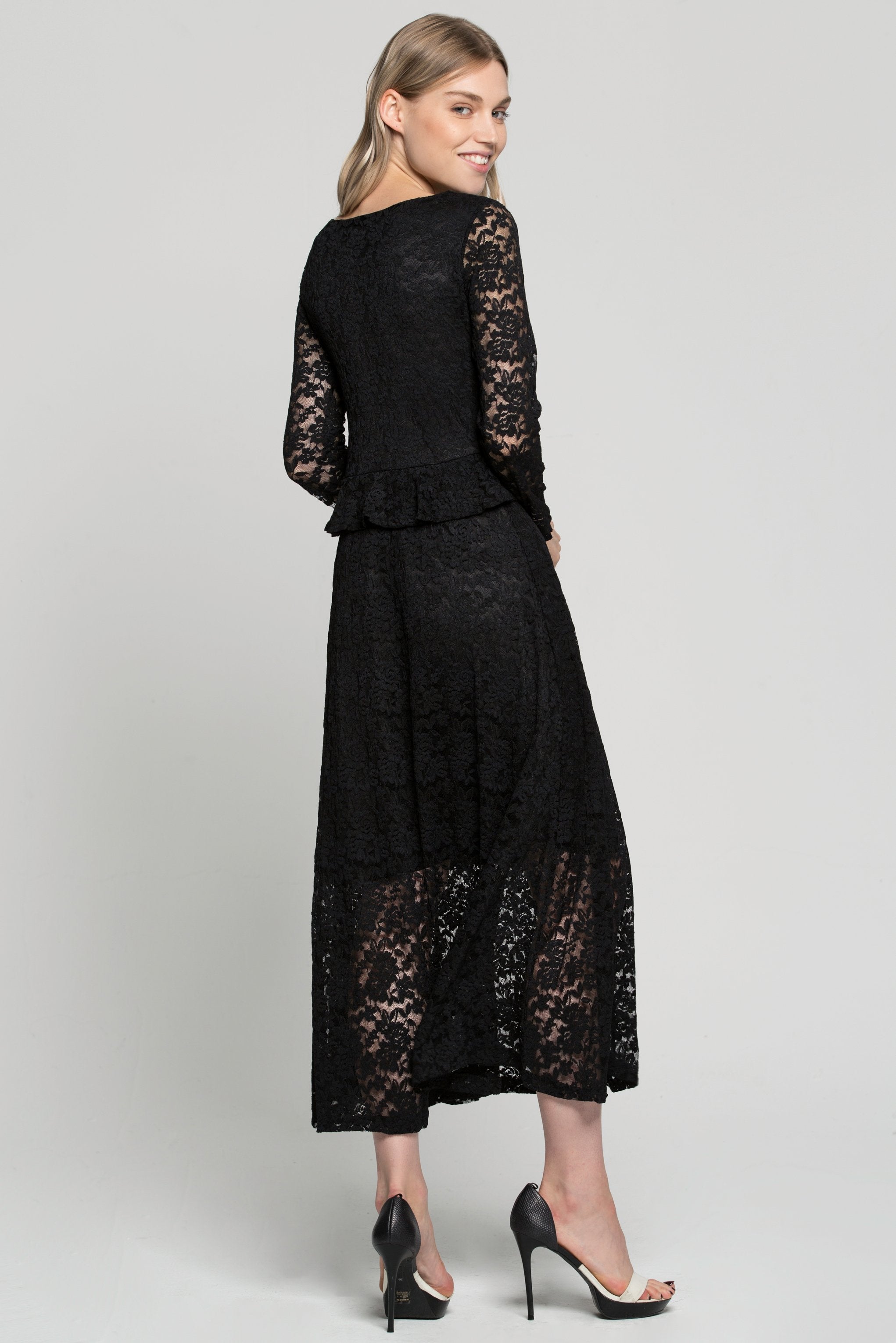 Black Floral Lace Peplum Maxi Dress - ownthelooks-Development