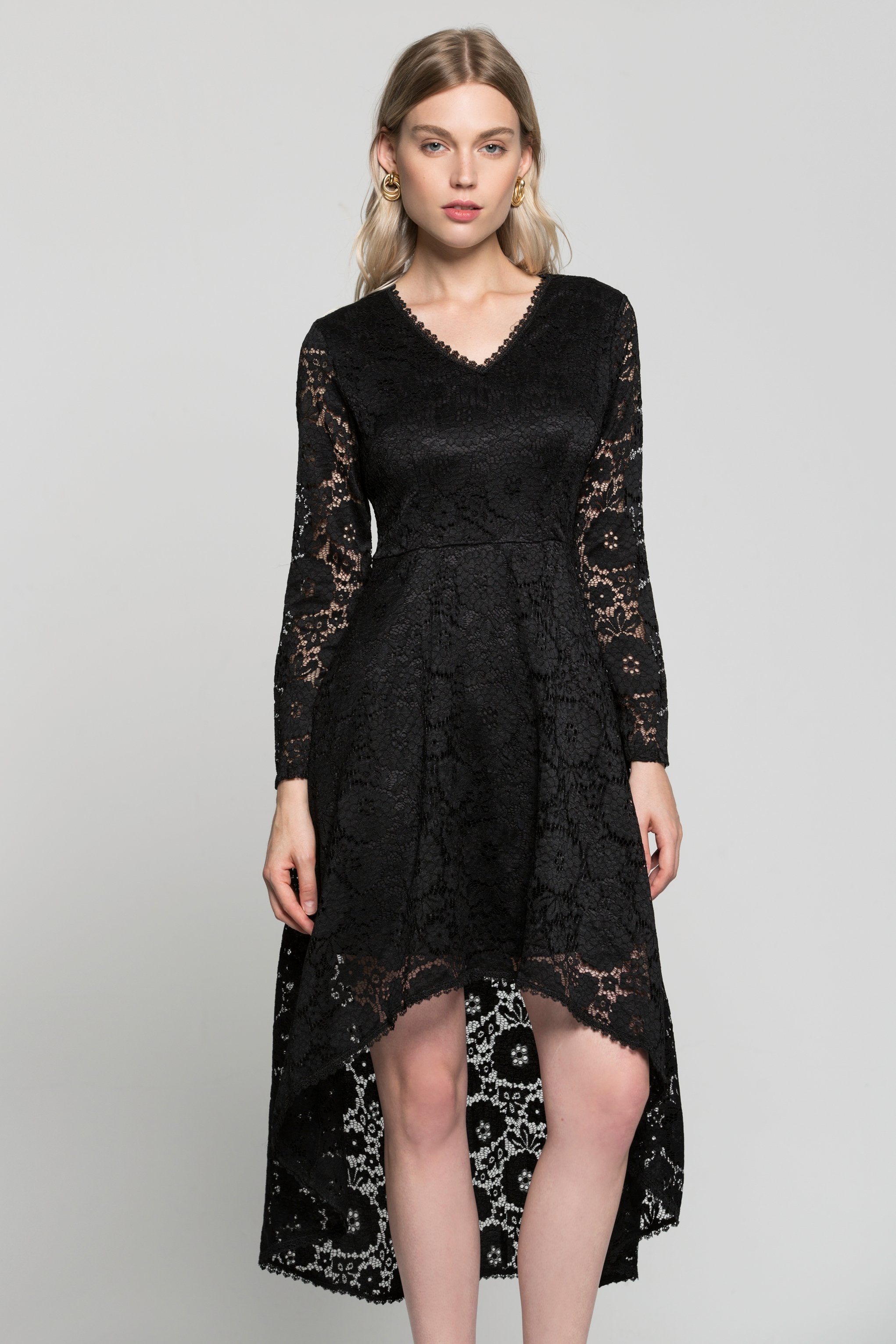 Black V-Neck Floral Full Sleeves Mullet Dress - ownthelooks-Development