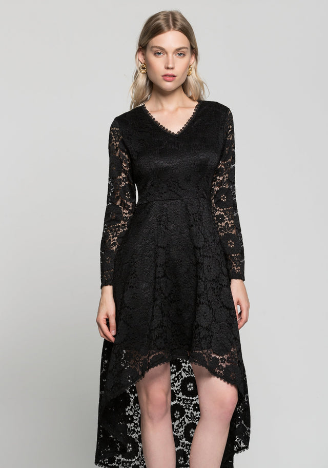 Black V-Neck Floral Full Sleeves Mullet Dress - ownthelooks-Development