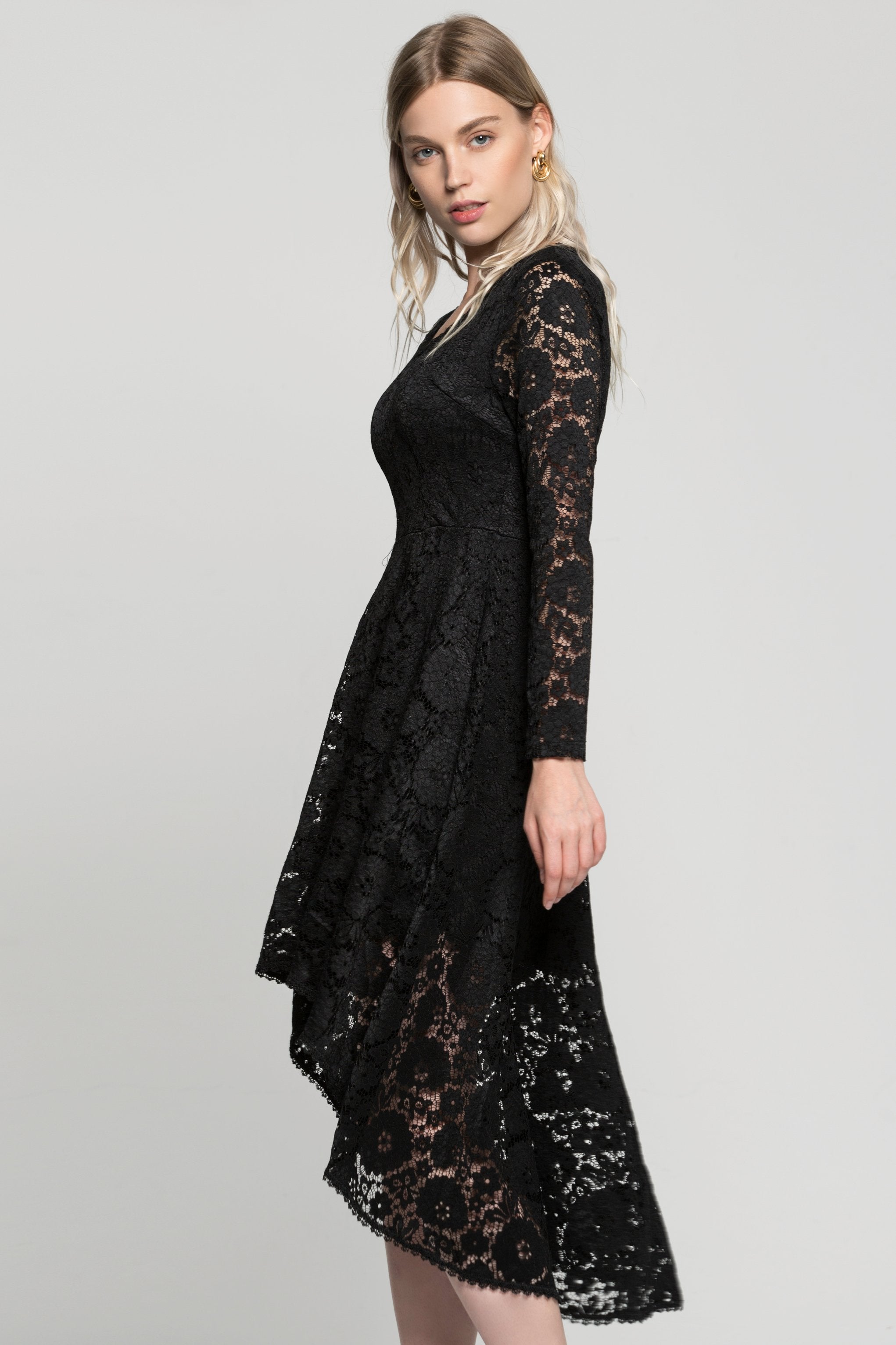 Black V-Neck Floral Full Sleeves Mullet Dress - ownthelooks-Development