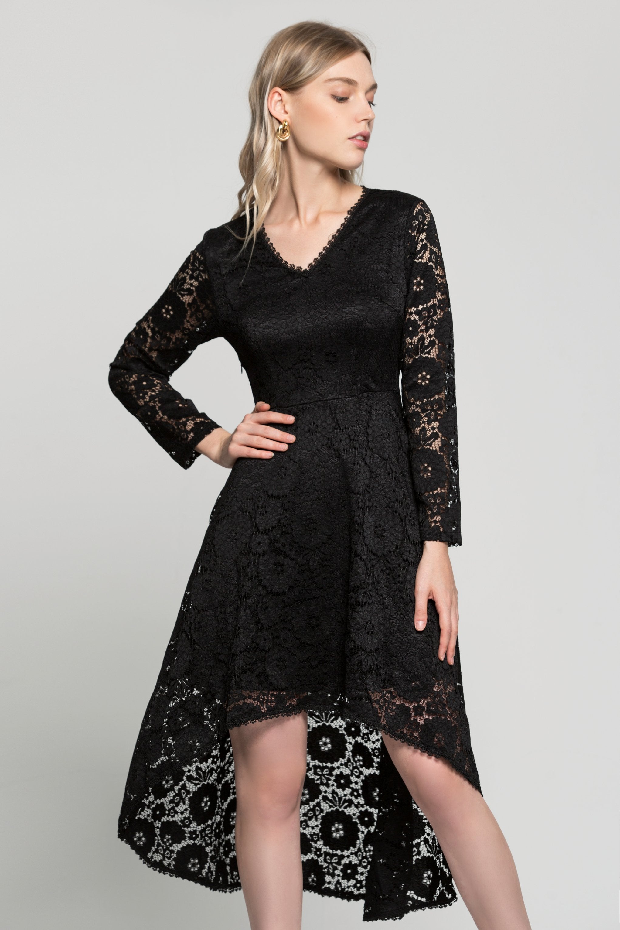 Black V-Neck Floral Full Sleeves Mullet Dress - ownthelooks-Development