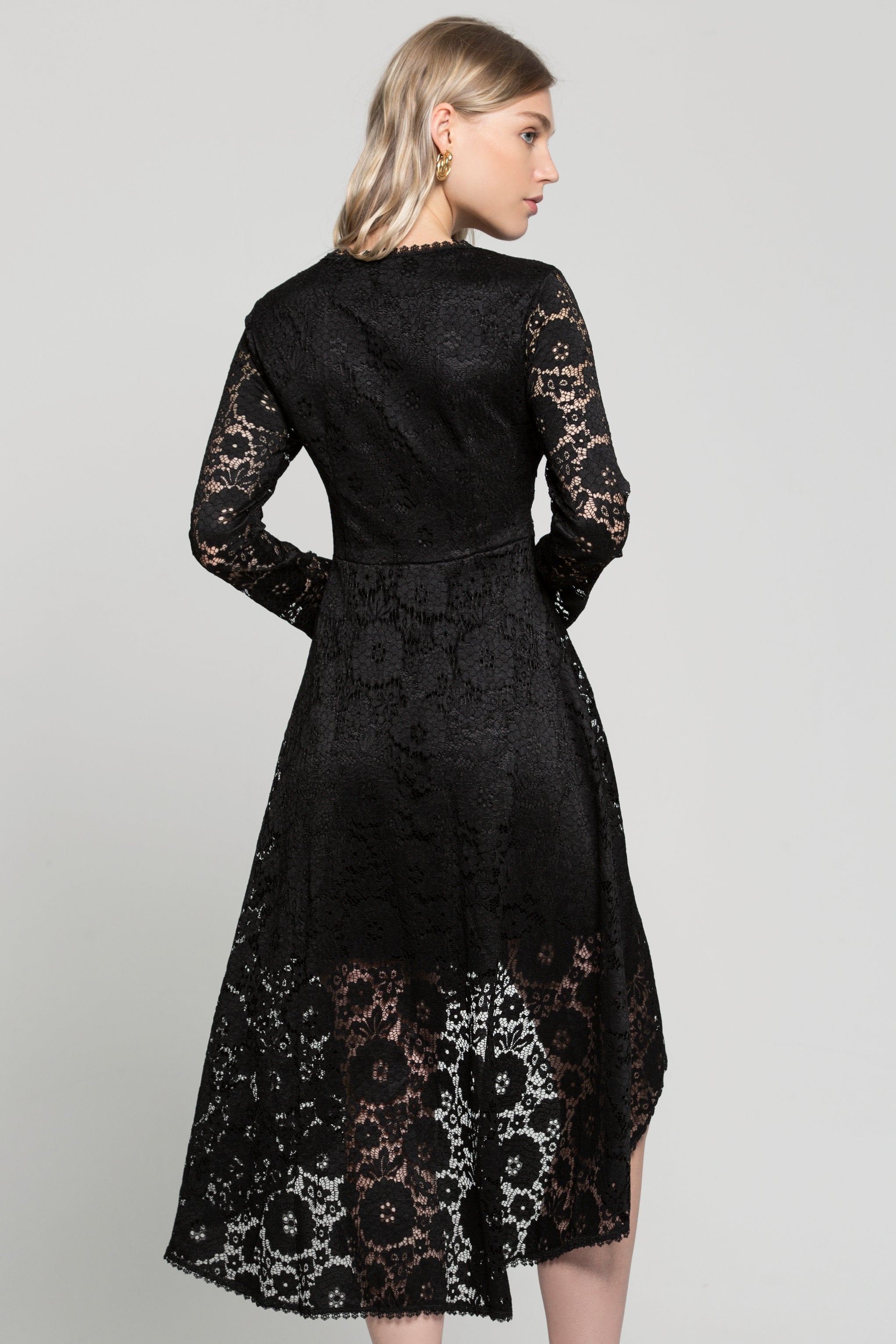 Black V-Neck Floral Full Sleeves Mullet Dress - ownthelooks-Development