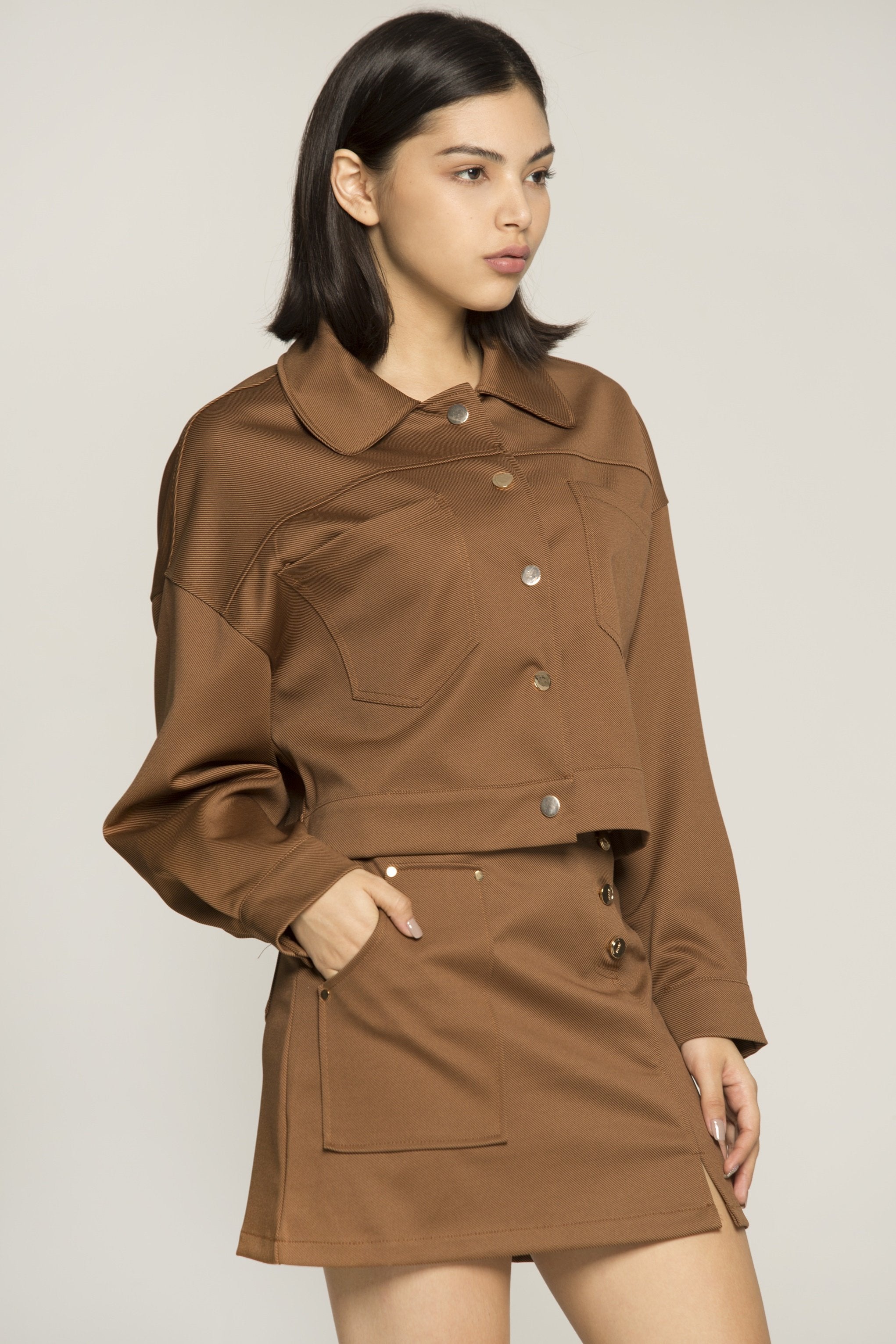 Caramel Brown Button Up Jacket and Skirt Set - ownthelooks-Development