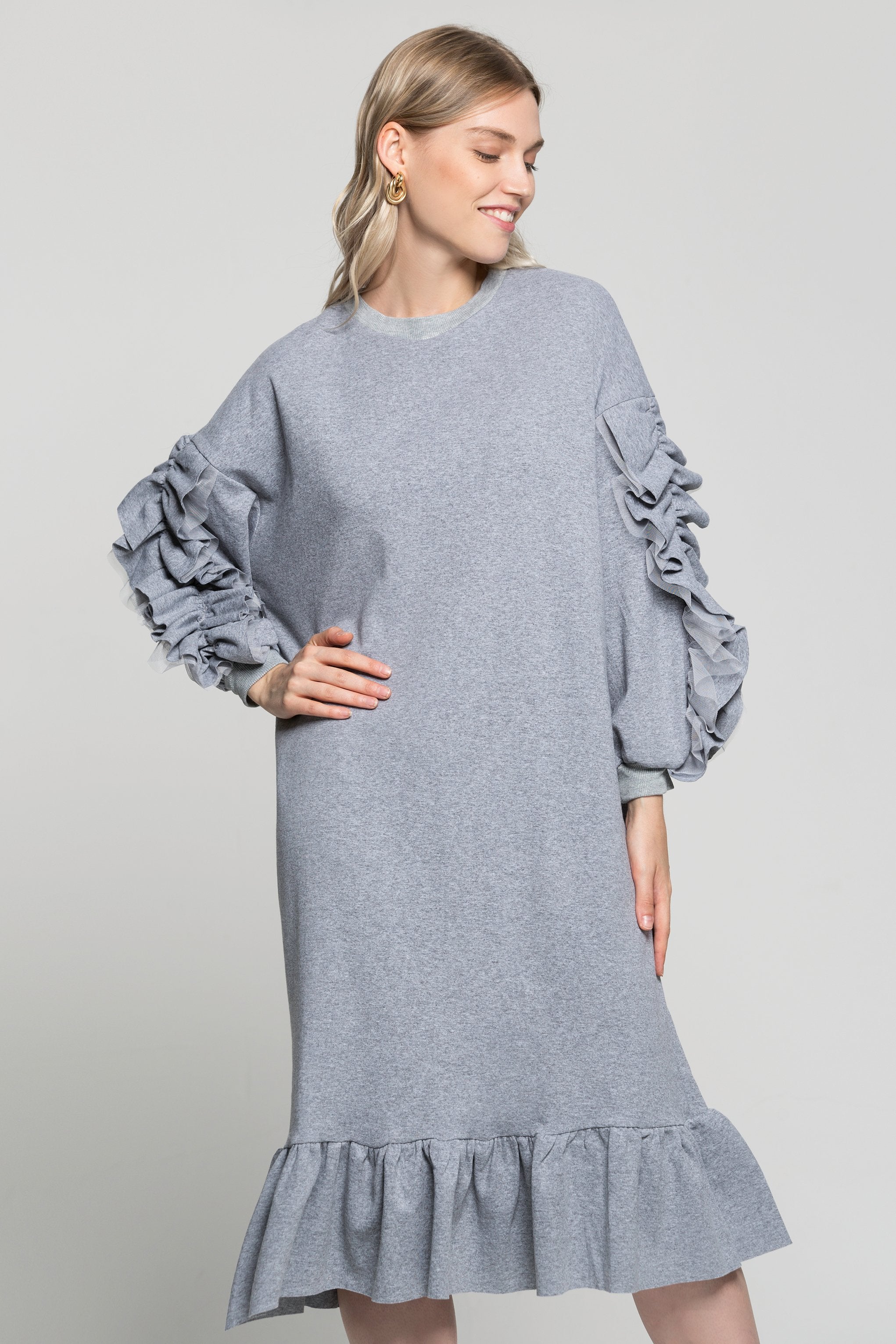 Greyish Ruffled Midi Dress - ownthelooks-Development