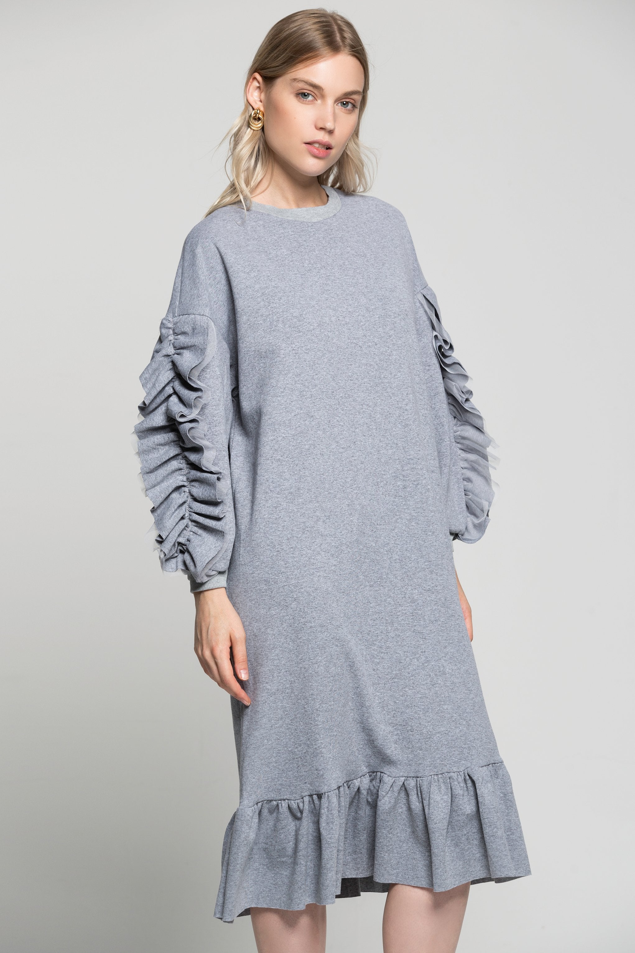 Greyish Ruffled Midi Dress - ownthelooks-Development