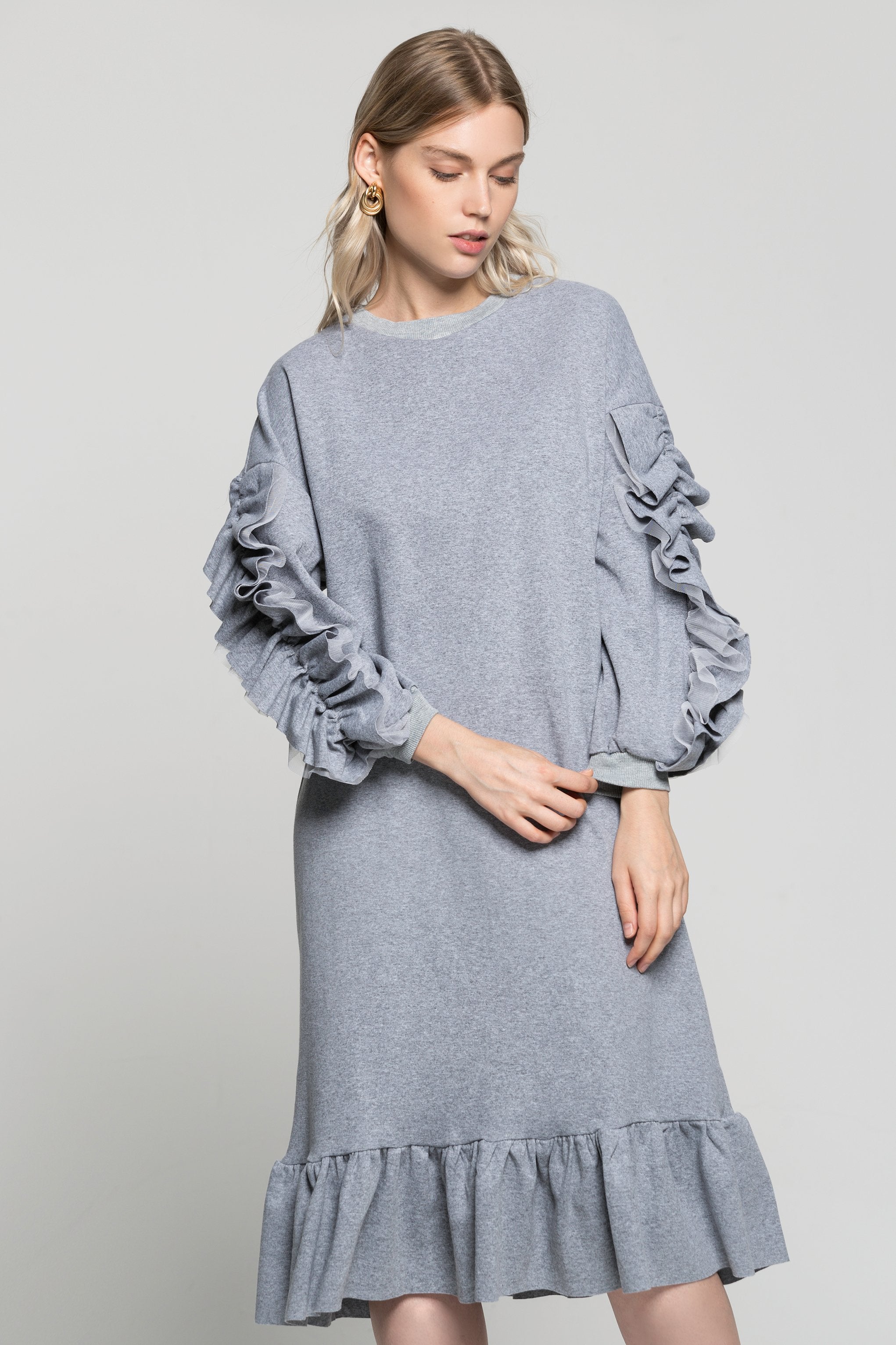 Greyish Ruffled Midi Dress - ownthelooks-Development
