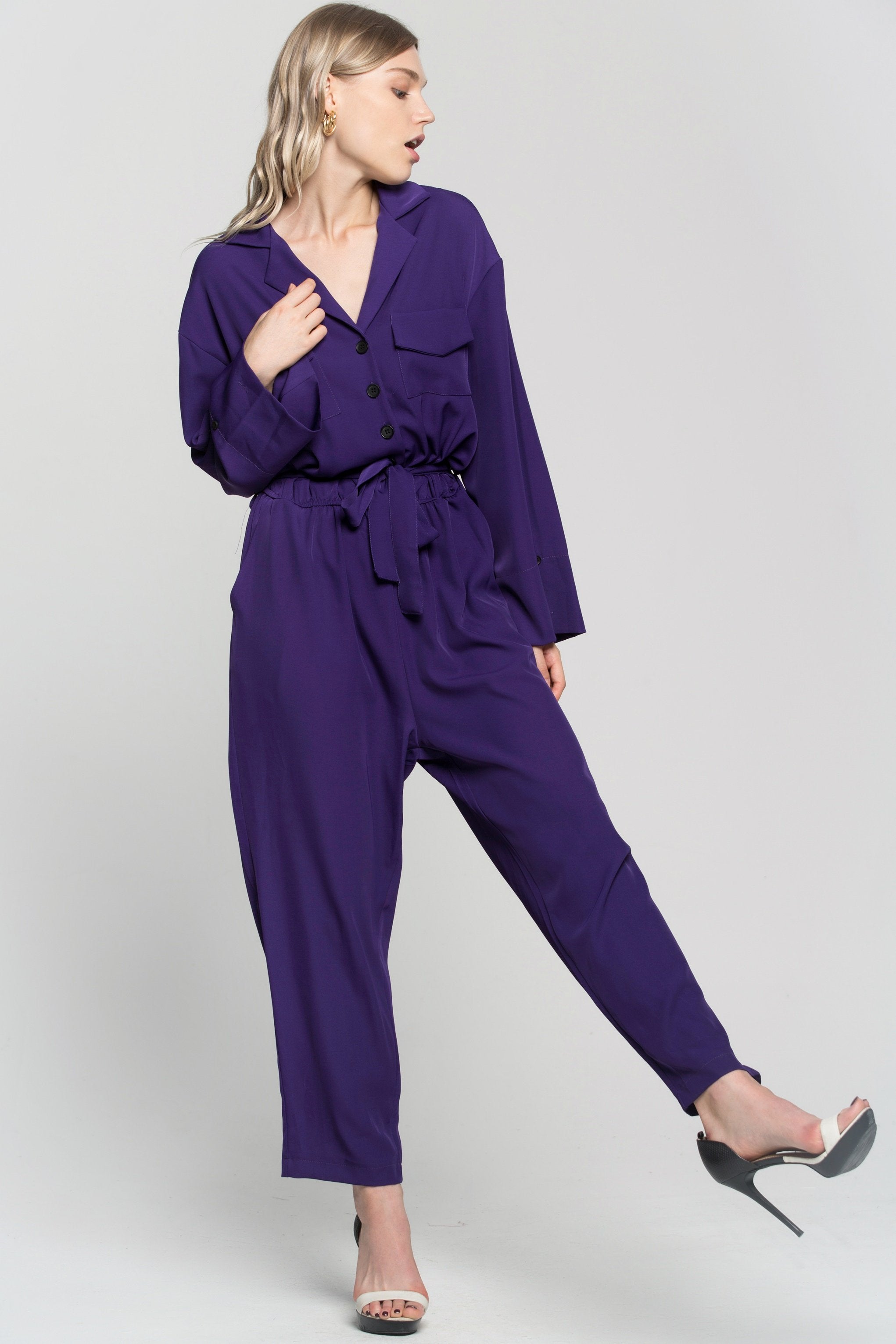 Royal Purple Notched Collar Jumpsuit - ownthelooks-Development